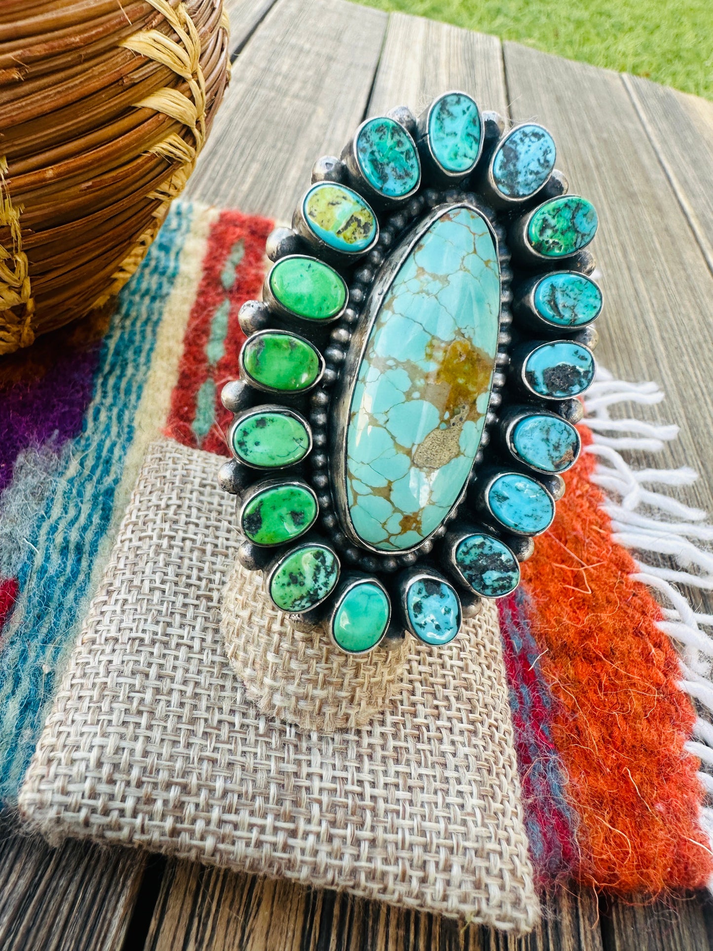 Handcrafted Kingman Turquoise & Sterling Silver Cluster Ring Size 8 by Blaine Yellowhorse