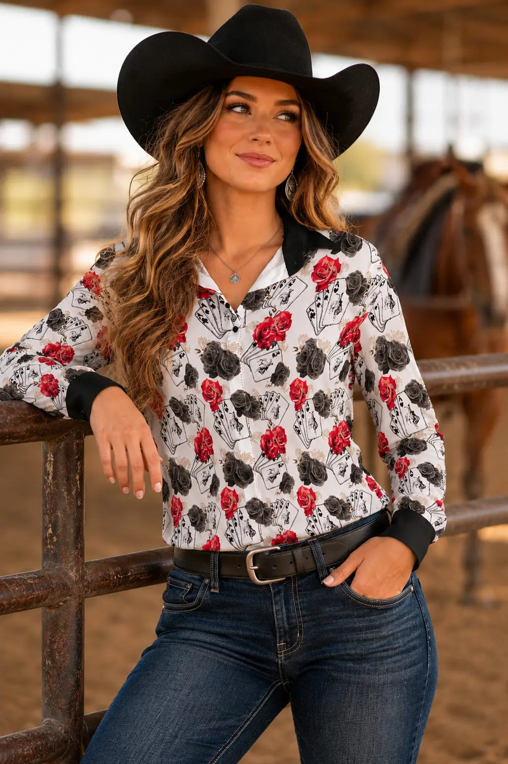 Ace Of Roses Satin Button Up Rodeo Shirt Blouse