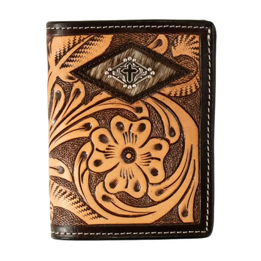 3D Tooled Floral Diamond Cross Concho - Men's Tri-Fold Wallet