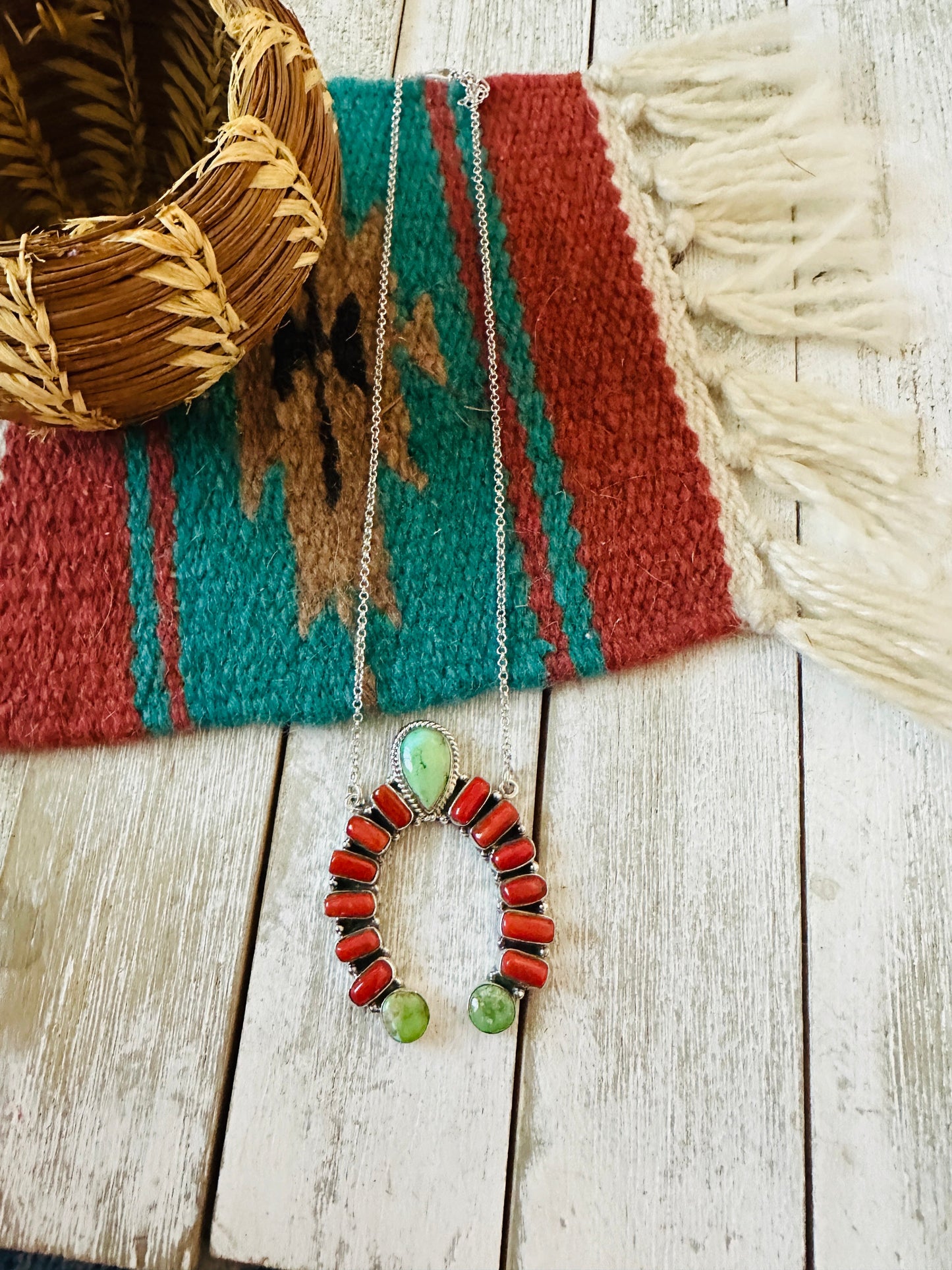 ** Christmas Collection ** Handmade Sterling Silver, Turquoise & Coral Naja Necklace Signed Nizhoni