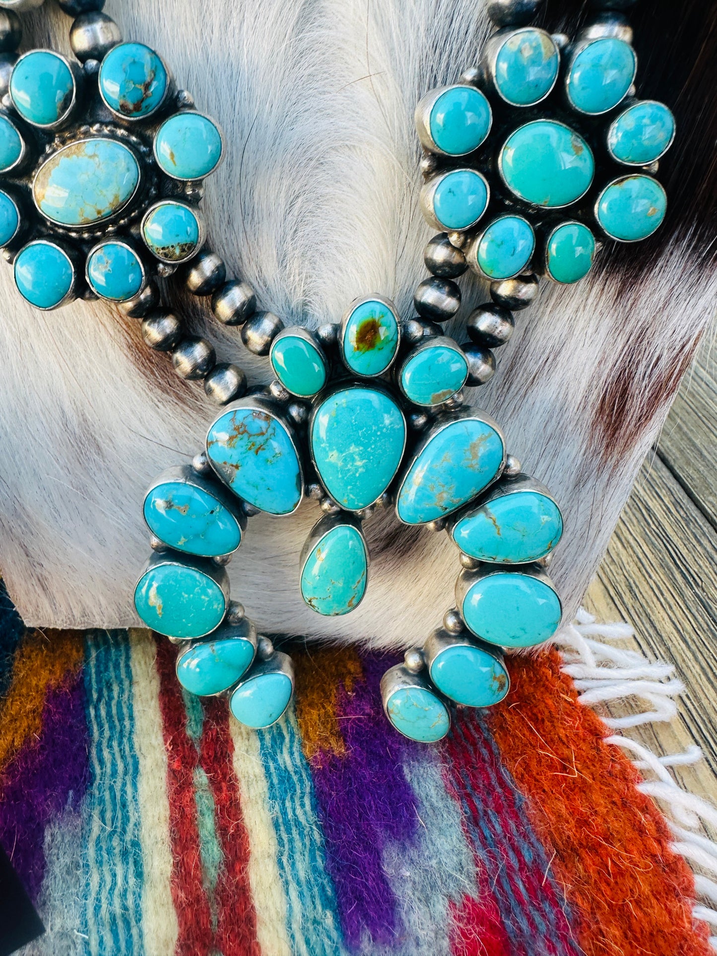 Handcrafted Turquoise & Sterling Silver Squash Blossom Necklace and Earring Set by Blaine Yellowhorse