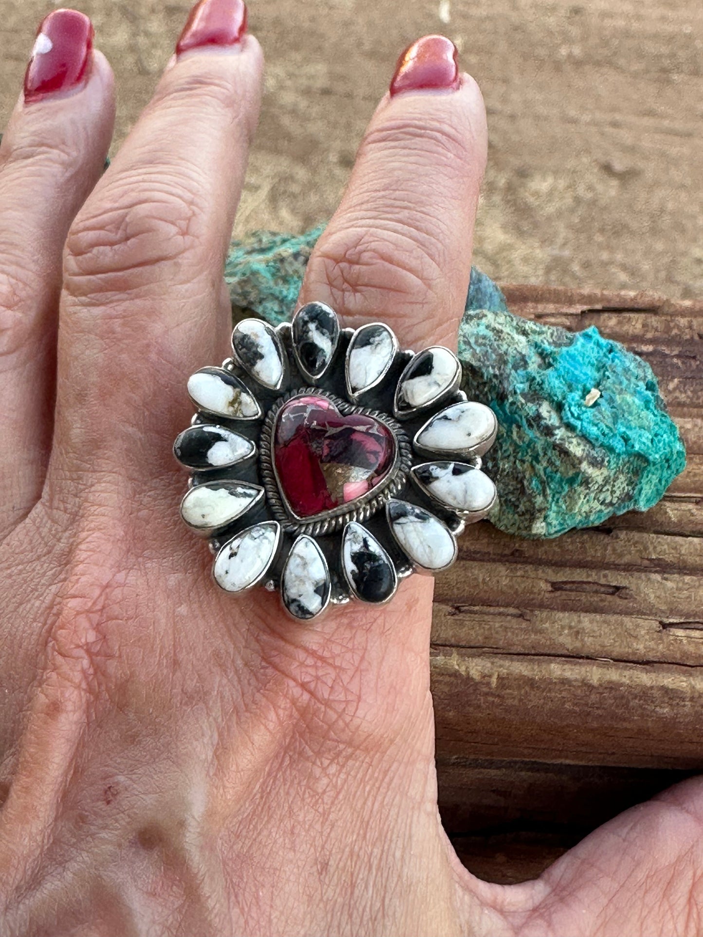Beautiful Handmade Dahlia Rose And White Buffalo Sterling Silver Adjustable Heart  Ring