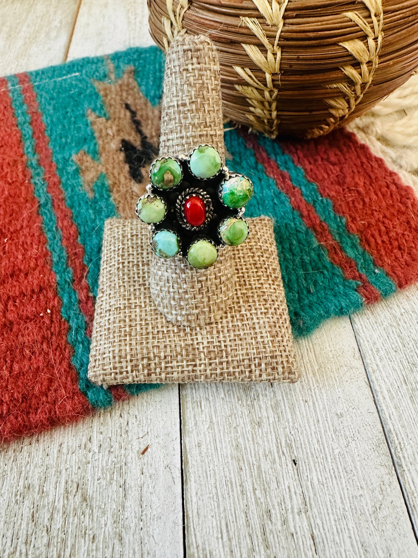 ** Christmas Collection ** Handmade Sterling Silver, Turquoise & Coral Adjustable Ring Signed Nizhoni