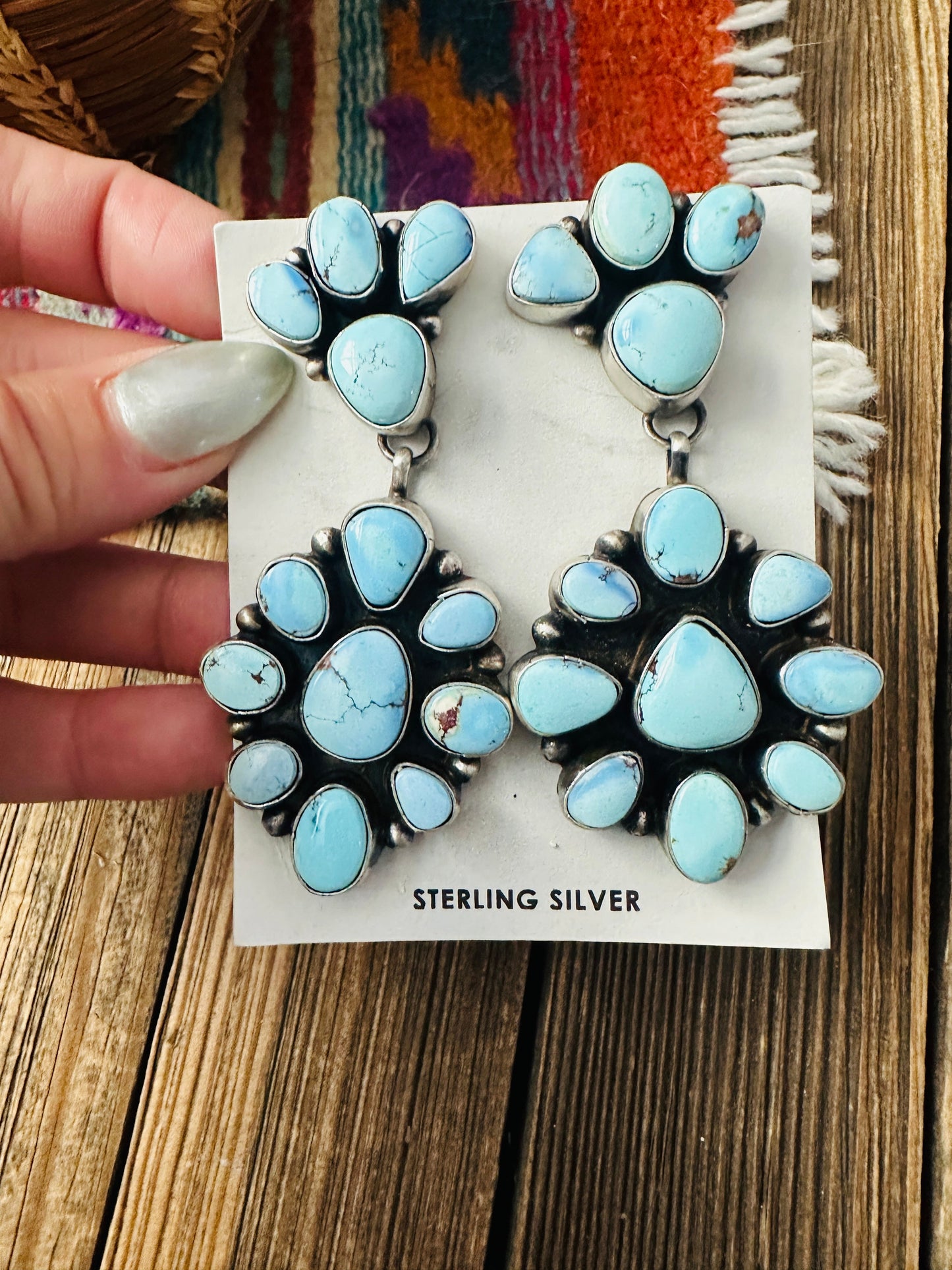 Handcrafted Golden Hills Turquoise & Sterling Silver Cluster Dangle Earrings