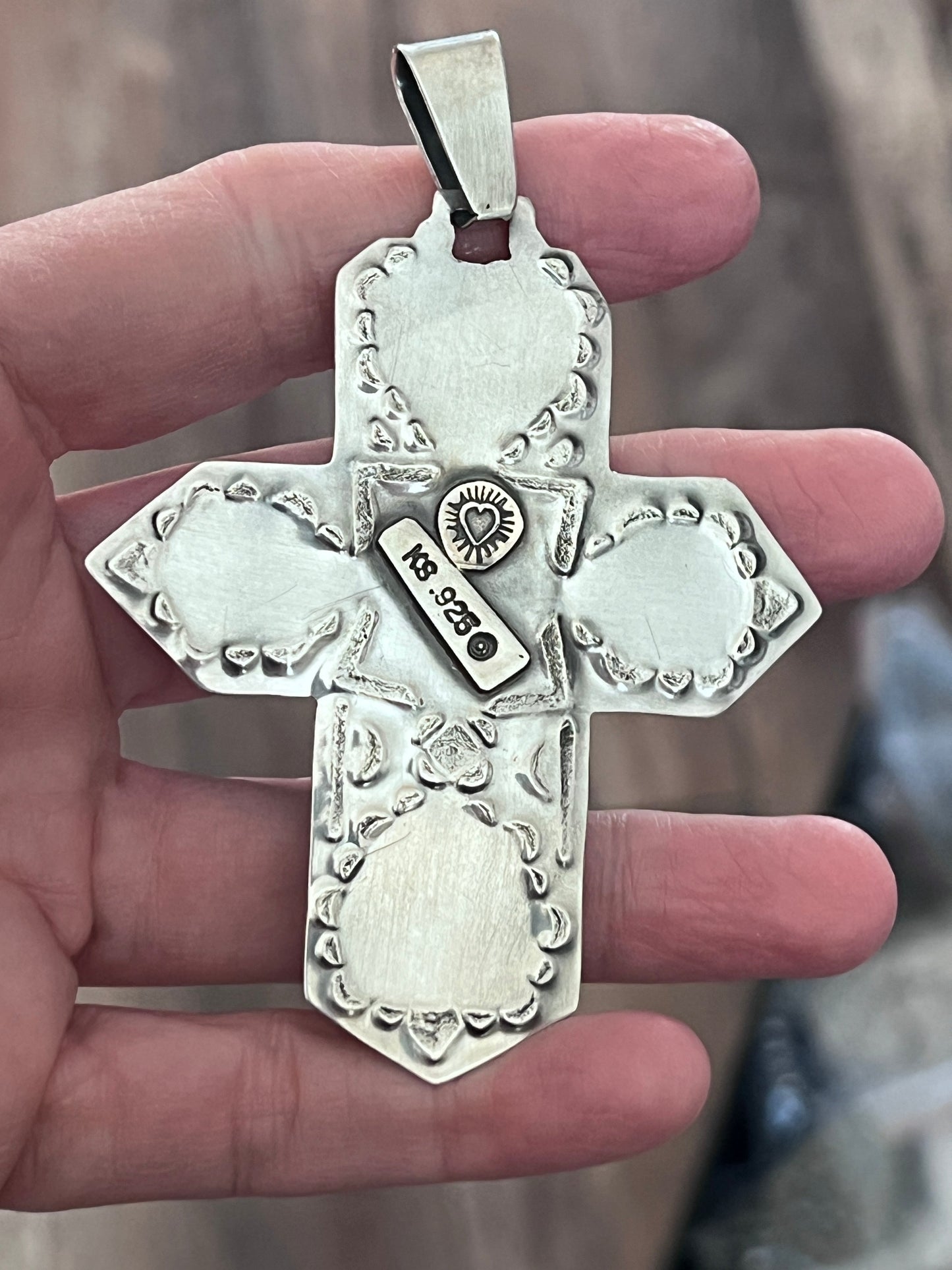 Hand Stamped Sterling Silver, Kingman Turquoise & Spiny Oyster Cross Pendant by Kimari Somers