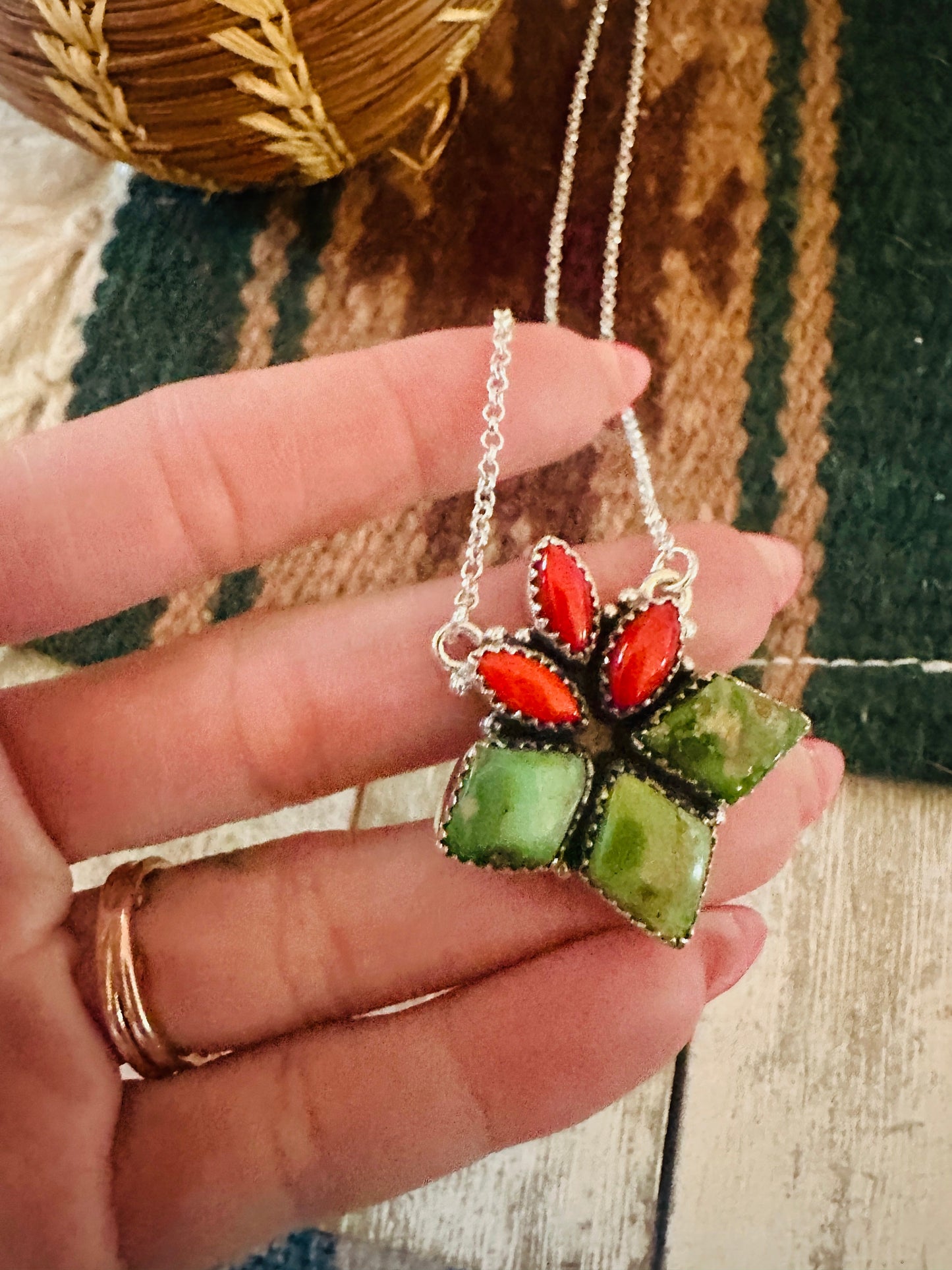 ** Christmas Collection ** Handmade Sterling Silver, Turquoise & Coral Necklace Signed Nizhoni