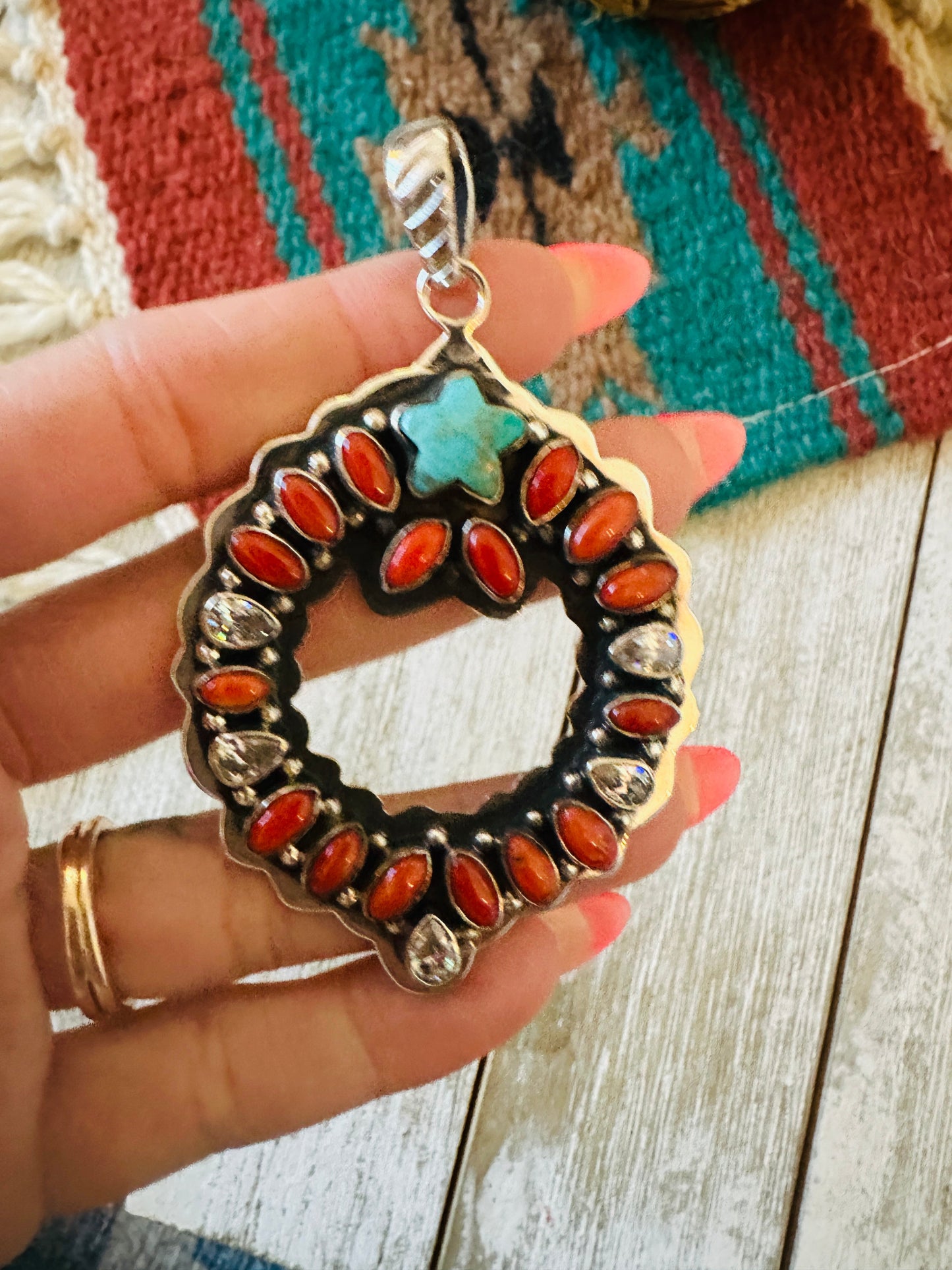 ** Christmas Collection ** Handmade Sterling Silver, Coral, Turquoise & CZ Wreath Pendant Signed Nizhoni