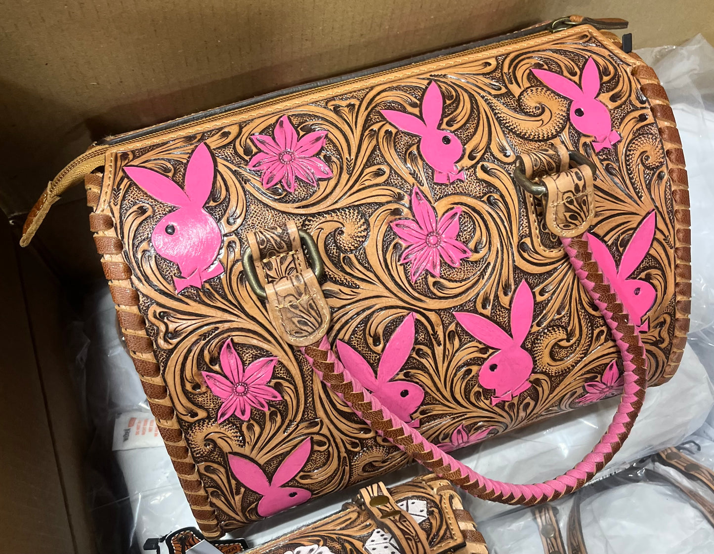 Pink Tooled Leather Speedy Bag | Western Floral Bunny Handbag