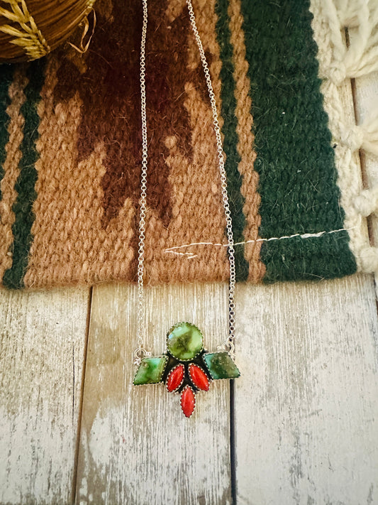 ** Christmas Collection ** Handmade Sterling Silver, Turquoise & Coral Necklace Signed Nizhoni