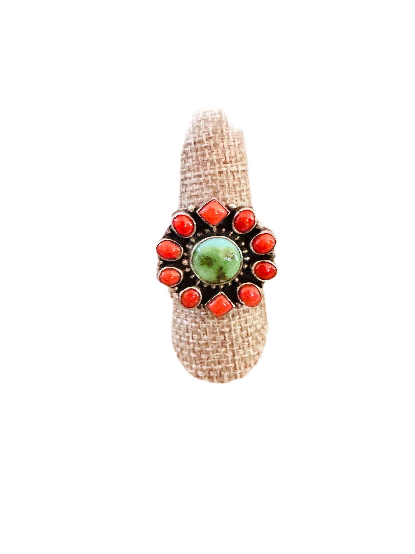 ** Christmas Collection ** Handmade Sterling Silver, Turquoise & Coral Adjustable Ring Signed Nizhoni