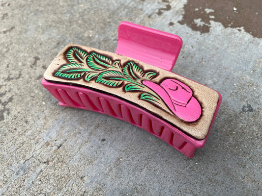 Pink Tooled Leather Hat Hair Claw Clips 4”