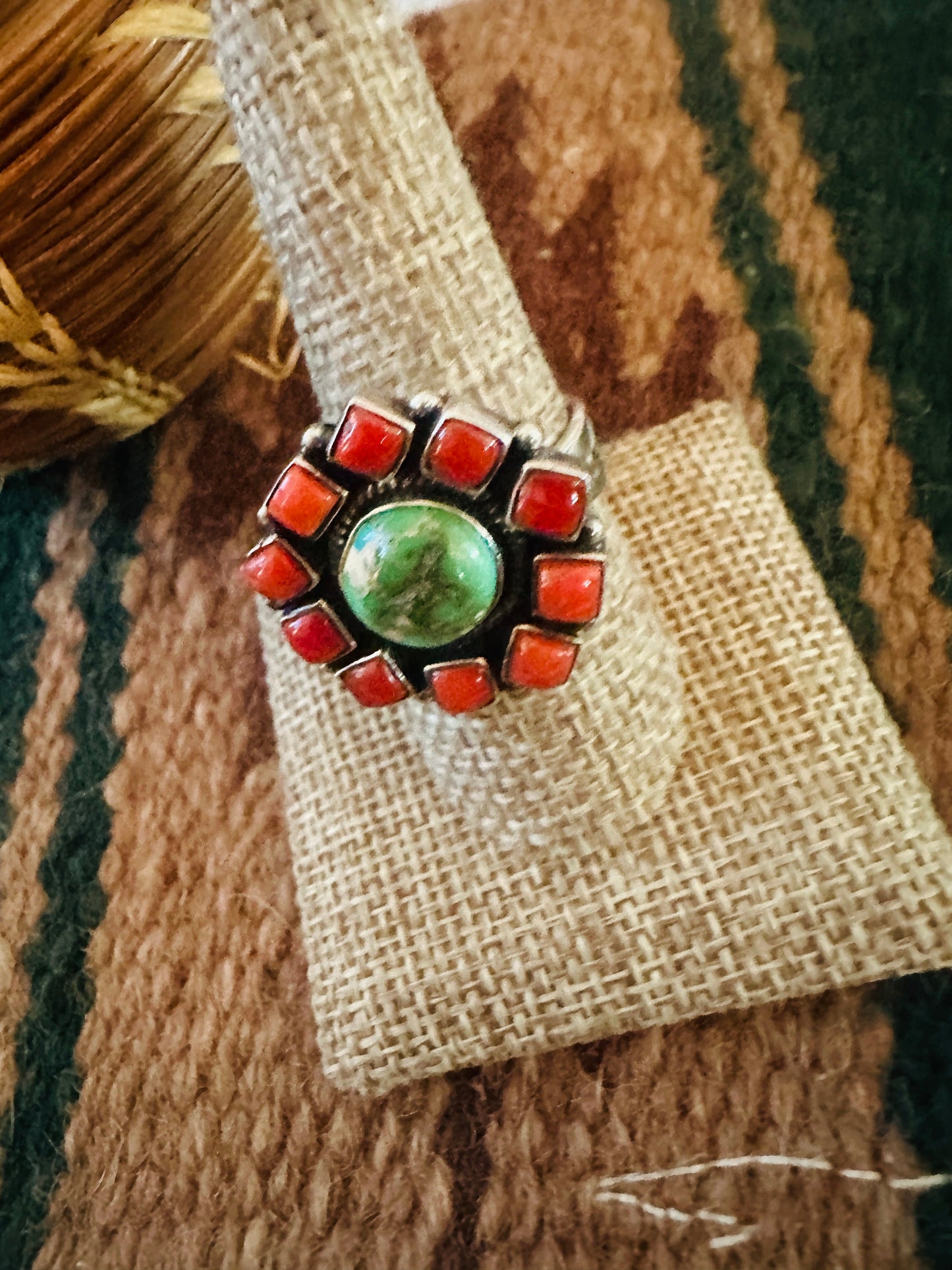 ** Christmas Collection ** Handmade Sterling Silver, Turquoise & Coral Adjustable Ring Signed Nizhoni