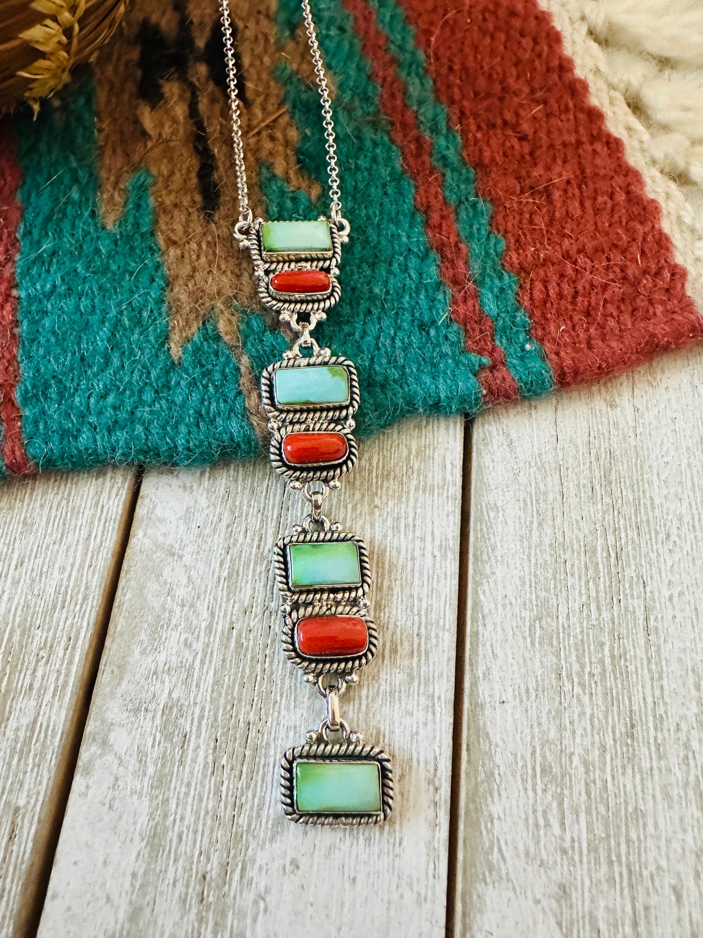 ** Christmas Collection ** Handmade Sterling Silver, Turquoise & Coral Necklace Signed Nizhoni
