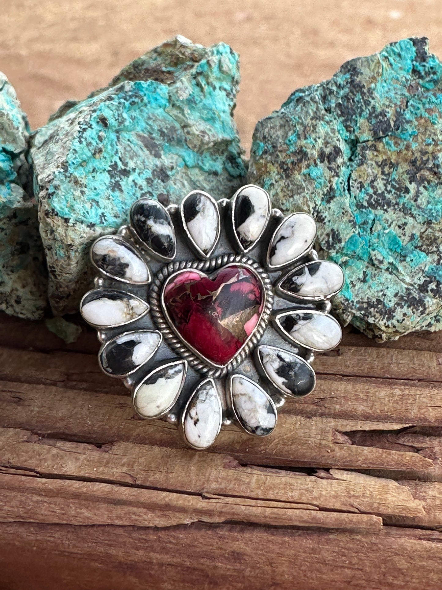 Beautiful Handmade Dahlia Rose And White Buffalo Sterling Silver Adjustable Heart  Ring