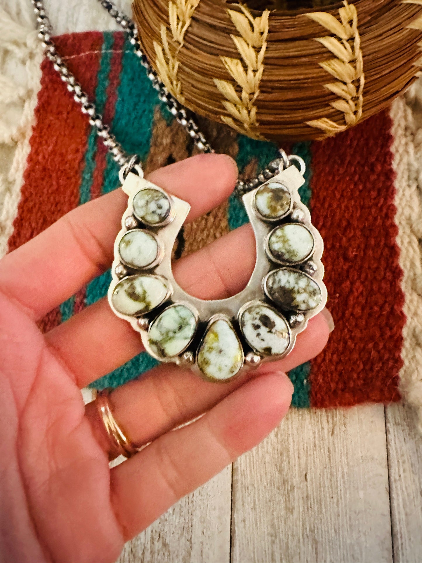 Handcrafted Beaded Sterling Silver & Palomino Turquoise Horseshoe Necklace