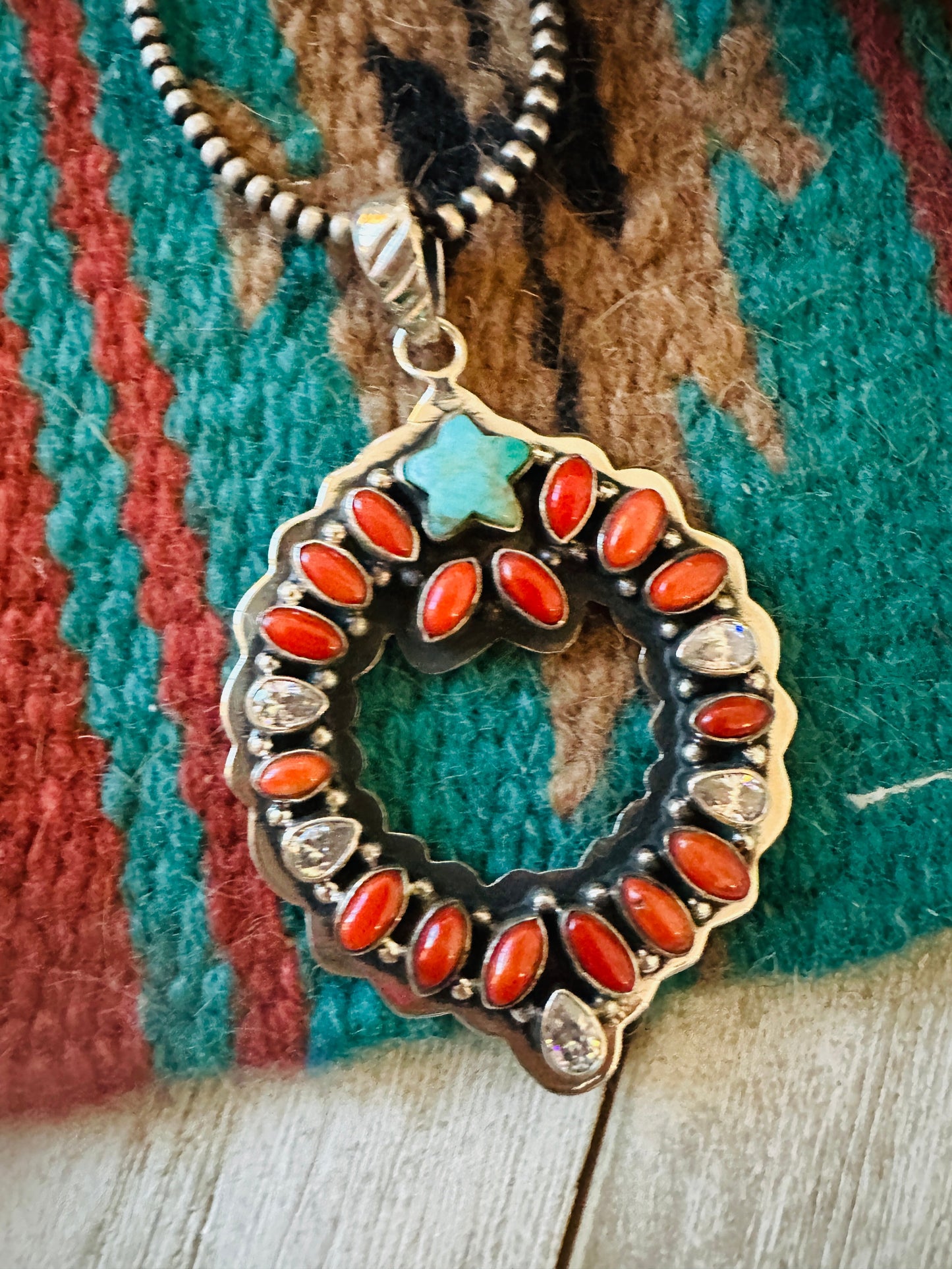 ** Christmas Collection ** Handmade Sterling Silver, Coral, Turquoise & CZ Wreath Pendant Signed Nizhoni