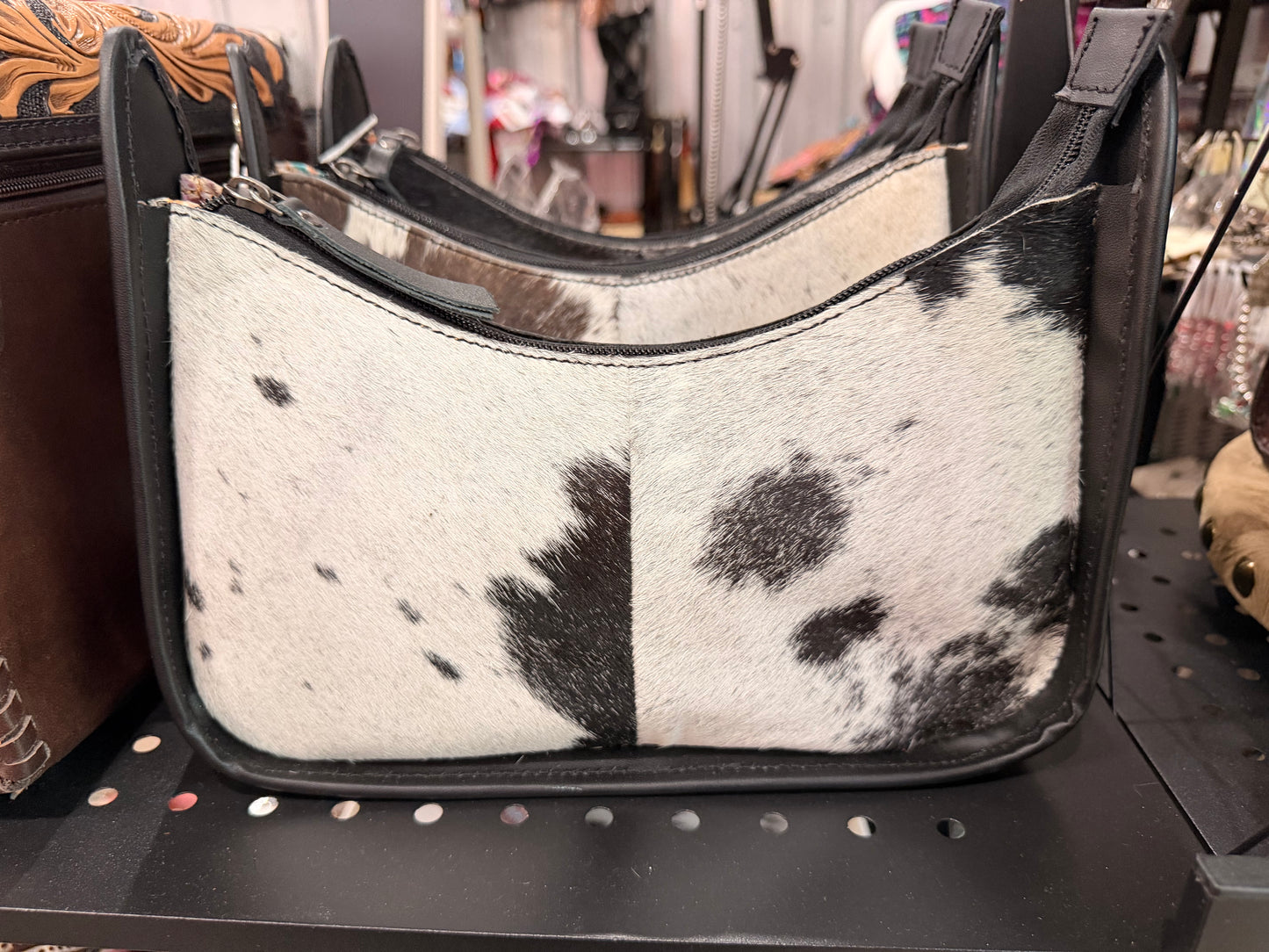 BLACK LEATHER & COWHIDE SHOULDER BAG