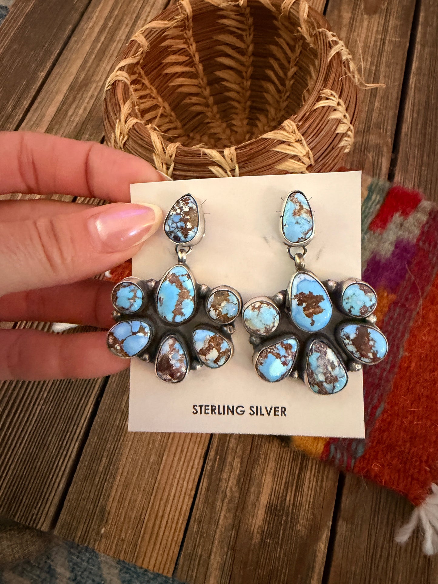 Handcrafted Golden Hills Turquoise & Sterling Silver Cluster Dangle Earrings