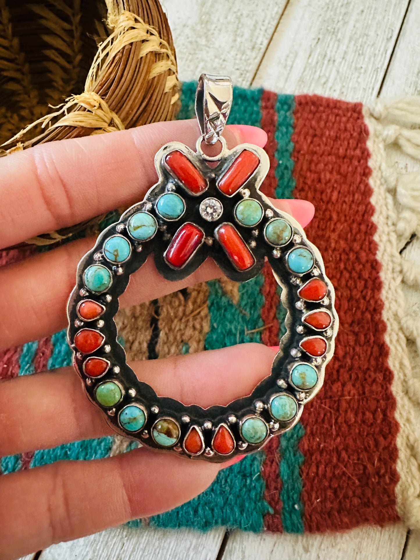 ** Christmas Collection ** Handmade Sterling Silver, Turquoise, Coral & CZ Wreath Pendant Signed Nizhoni