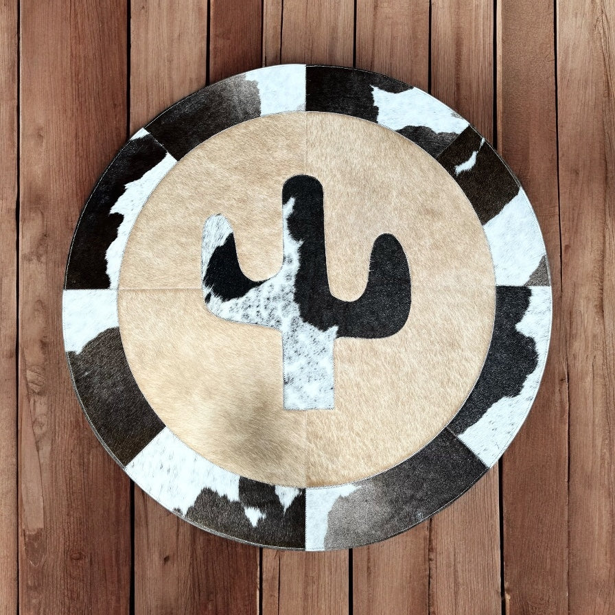 Cactus cowhide patchwork rug 3x3’