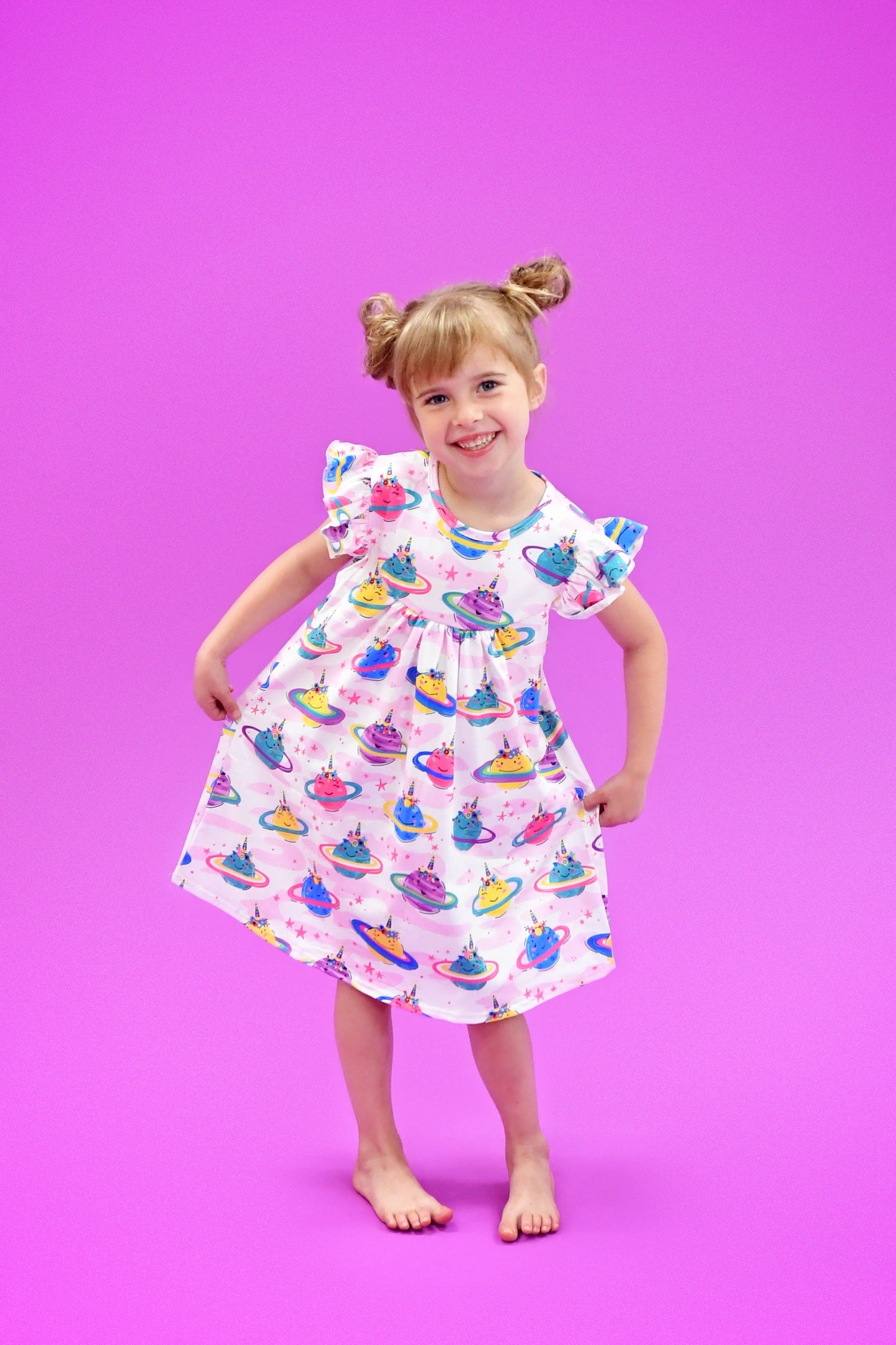 Unicorn Planets Milk Silk Flutter Dress