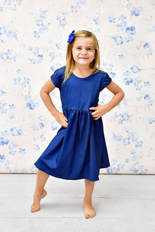 Royal Blue Solid Short Sleeve Cross Back Milk Silk Dress