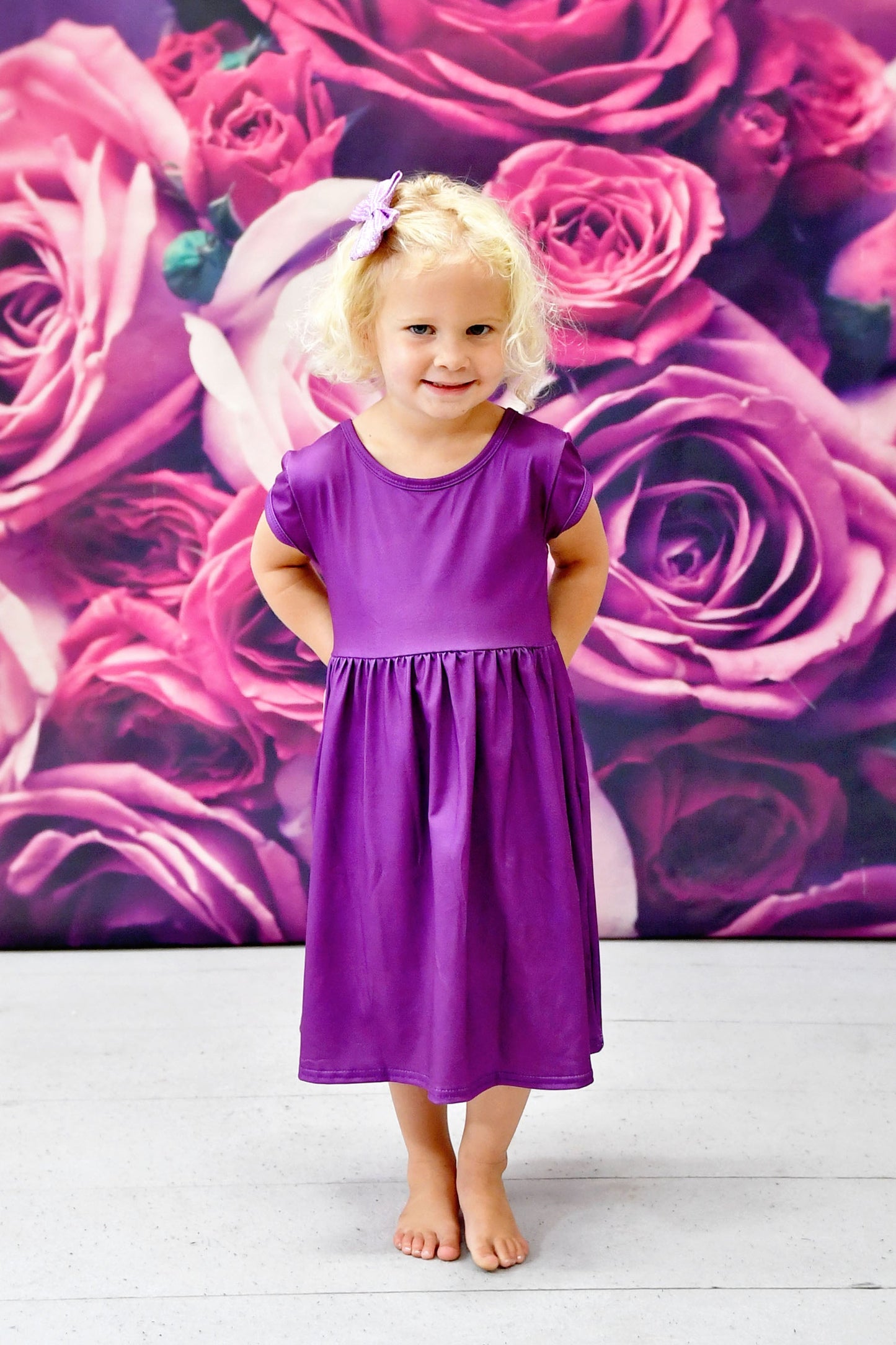 Purple Solid Short Sleeve Cross Back Milk Silk Dress