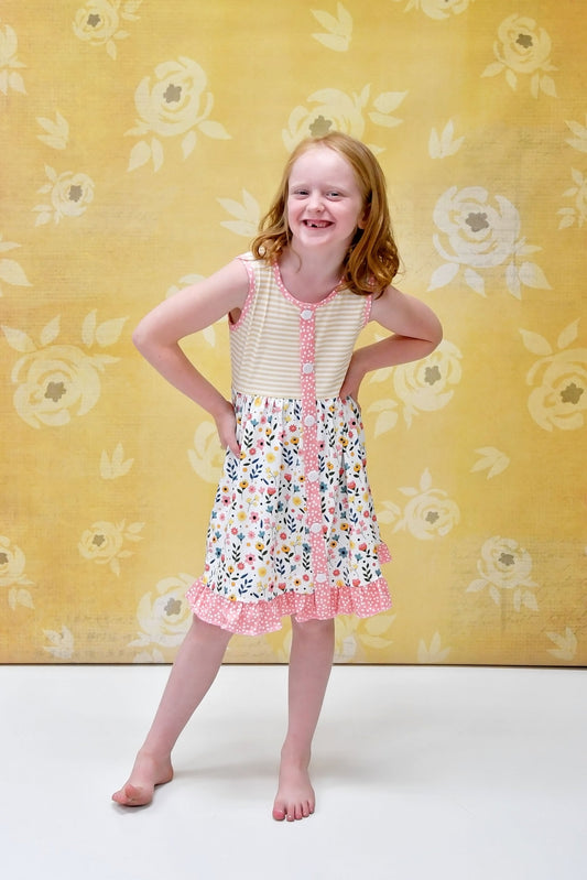 Summer Floral Milk Silk Tank Dress With Button Front