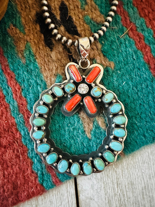 ** Christmas Collection ** Handmade Sterling Silver, Turquoise, Coral & CZ Wreath Pendant Signed Nizhoni