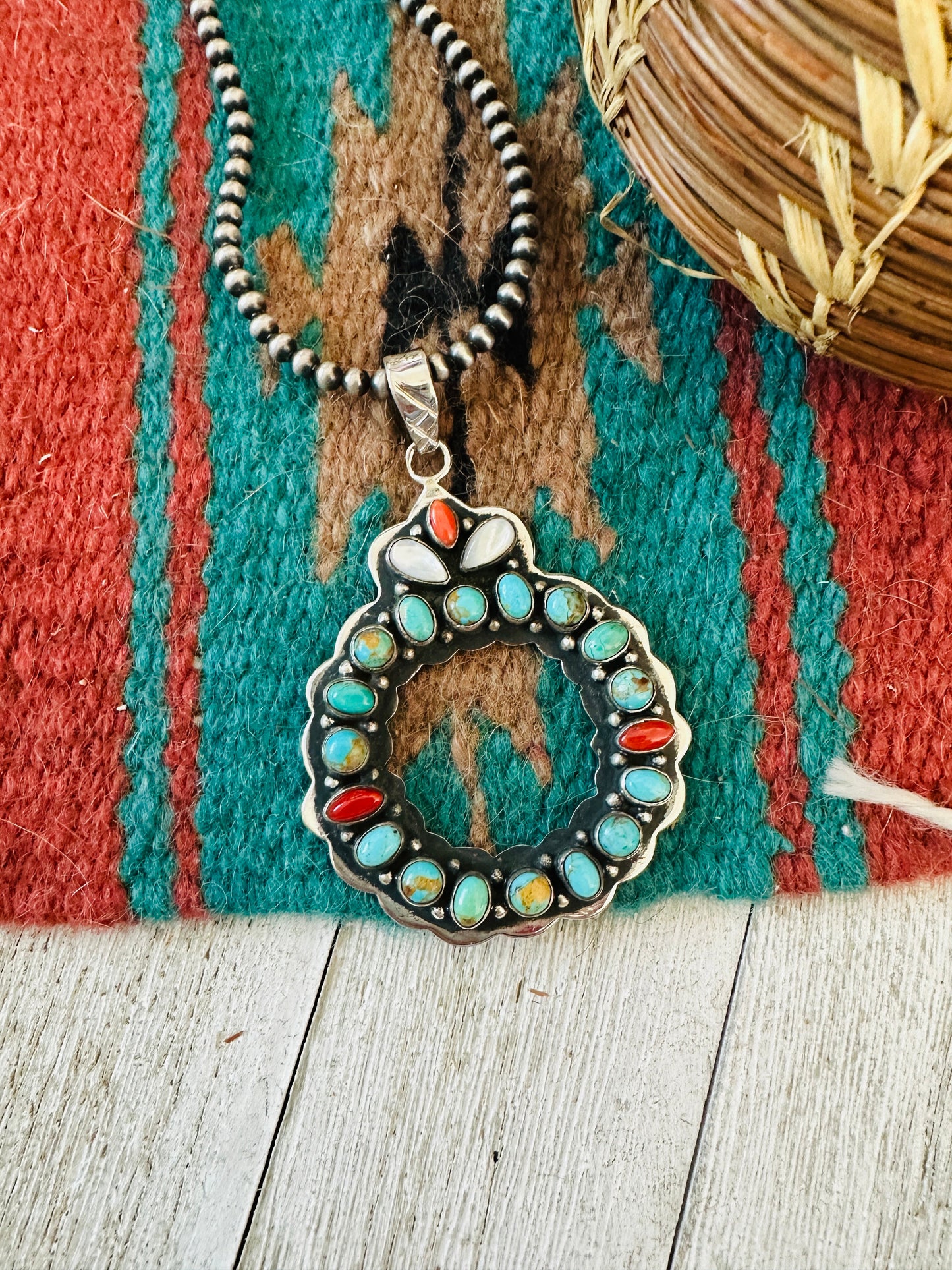 ** Christmas Collection ** Handmade Sterling Silver, Turquoise & Coral Wreath Pendant Signed Nizhoni
