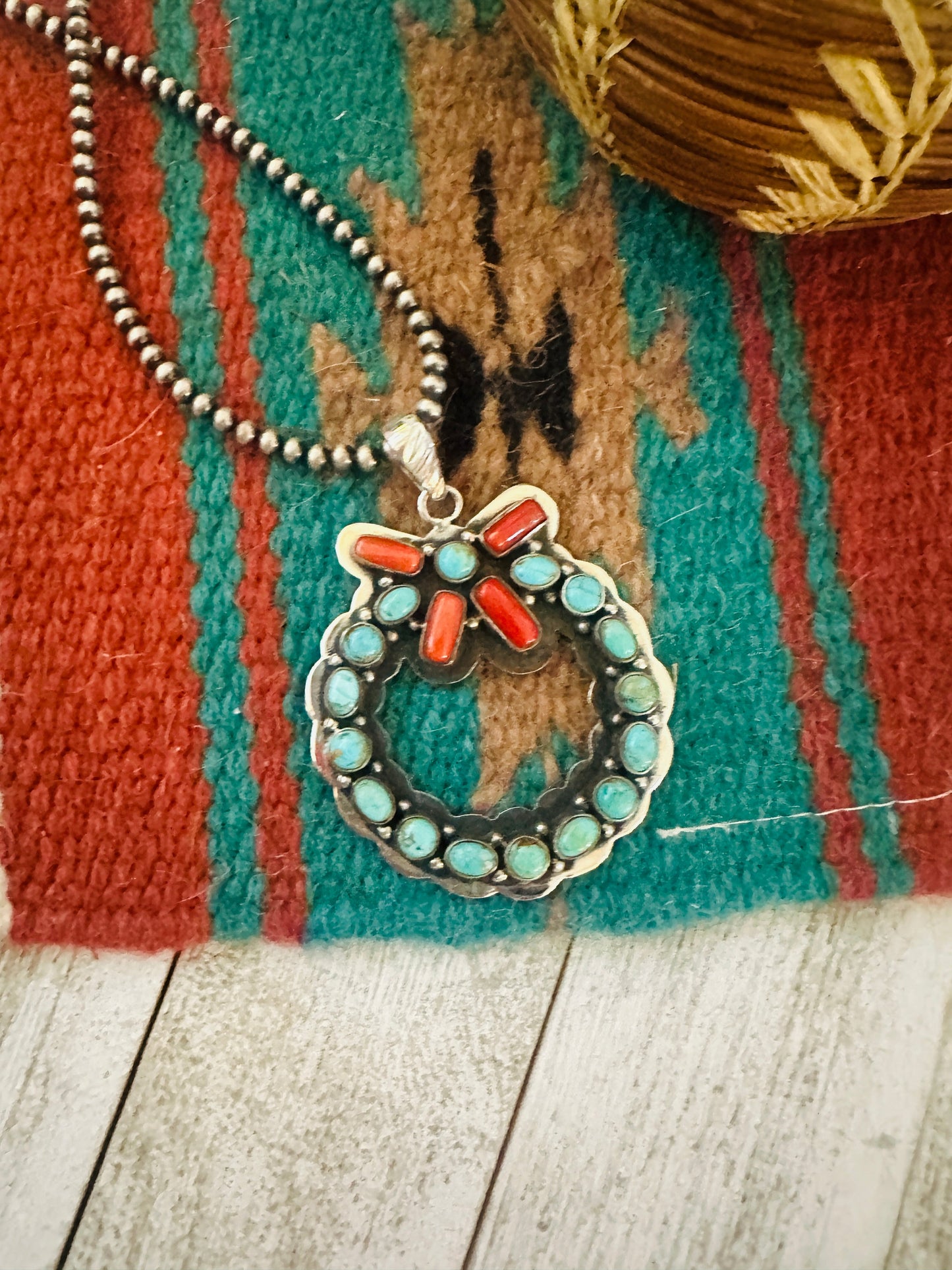 ** Christmas Collection ** Handmade Sterling Silver, Turquoise & Coral Wreath Pendant Signed Nizhoni