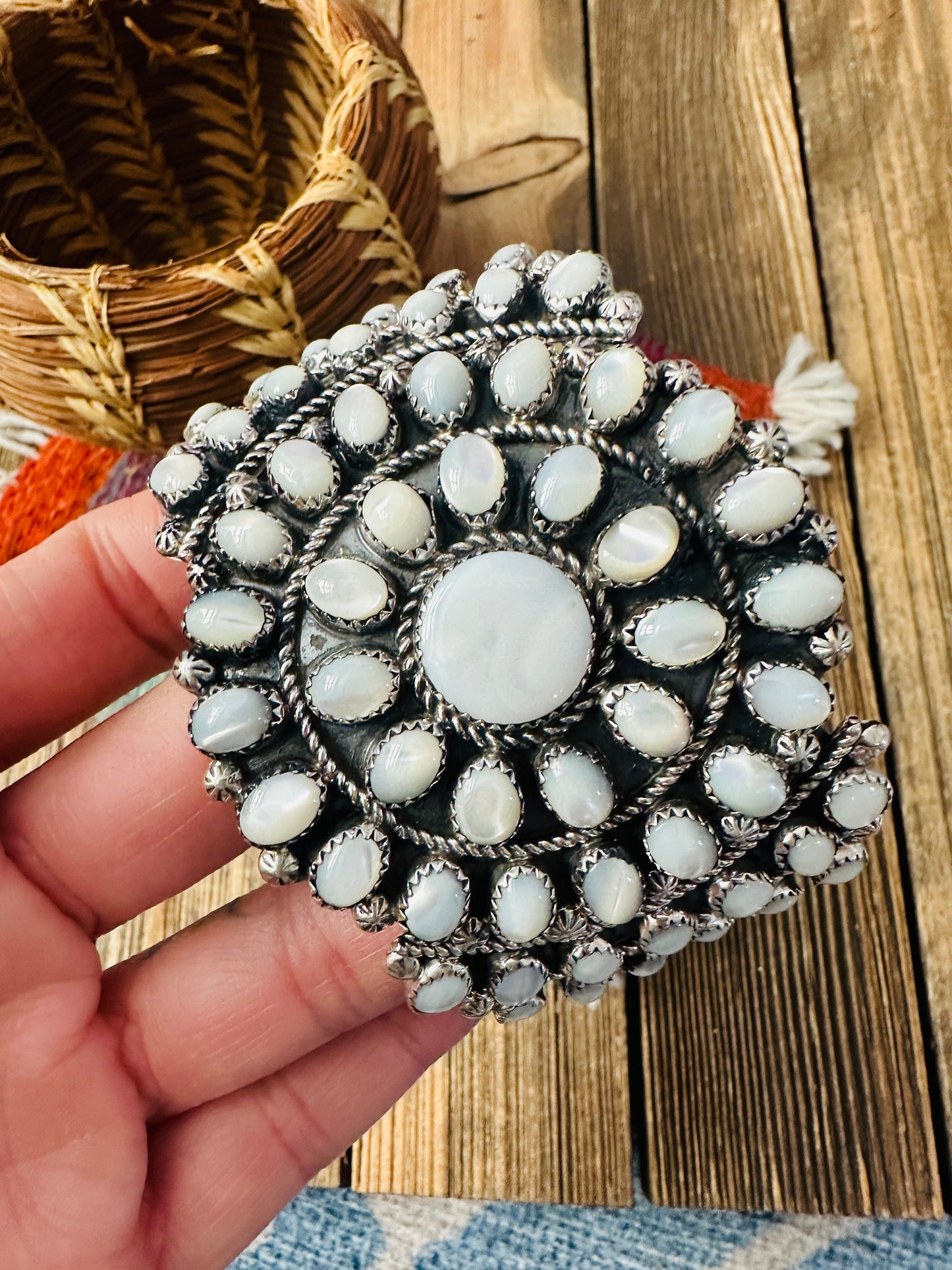 Handcrafted Old Pawn Sterling Silver & Mother of Pearl Cuff Bracelet