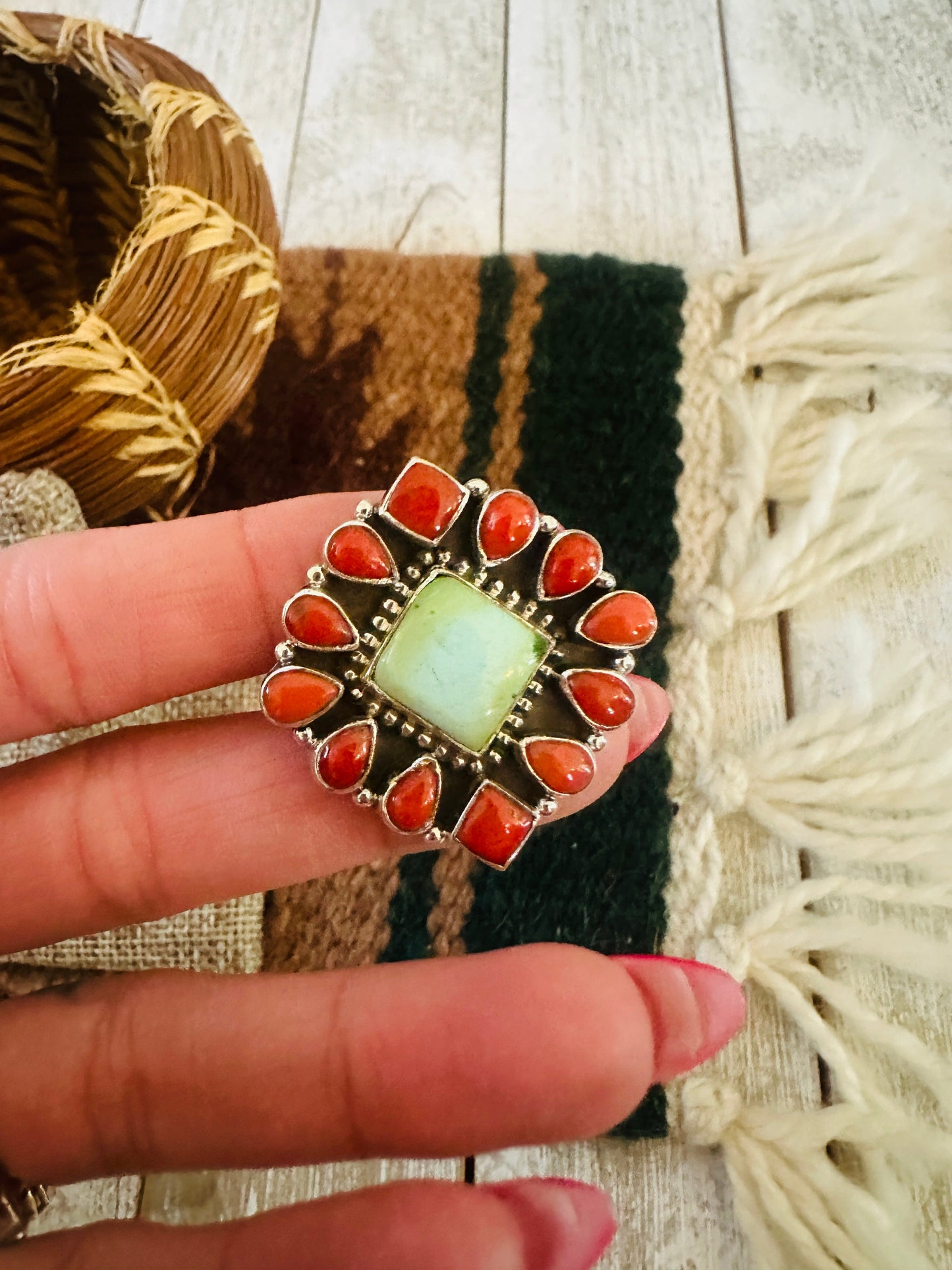 ** Christmas Collection ** Handmade Sterling Silver, Turquoise & Coral Adjustable Ring Signed Nizhoni
