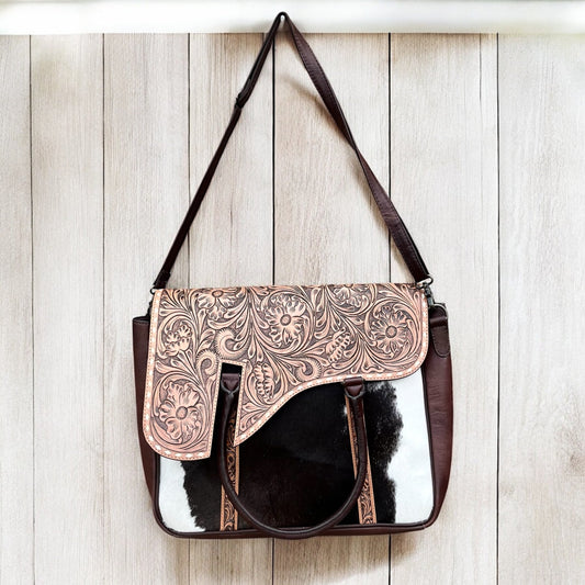 Tooled leather & cowhide carry shoulder bag
