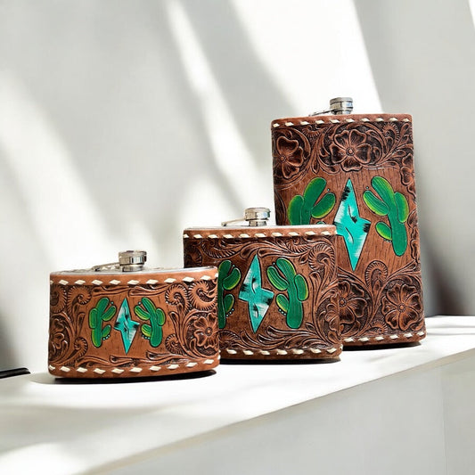 Cactus tooled leather Flasks