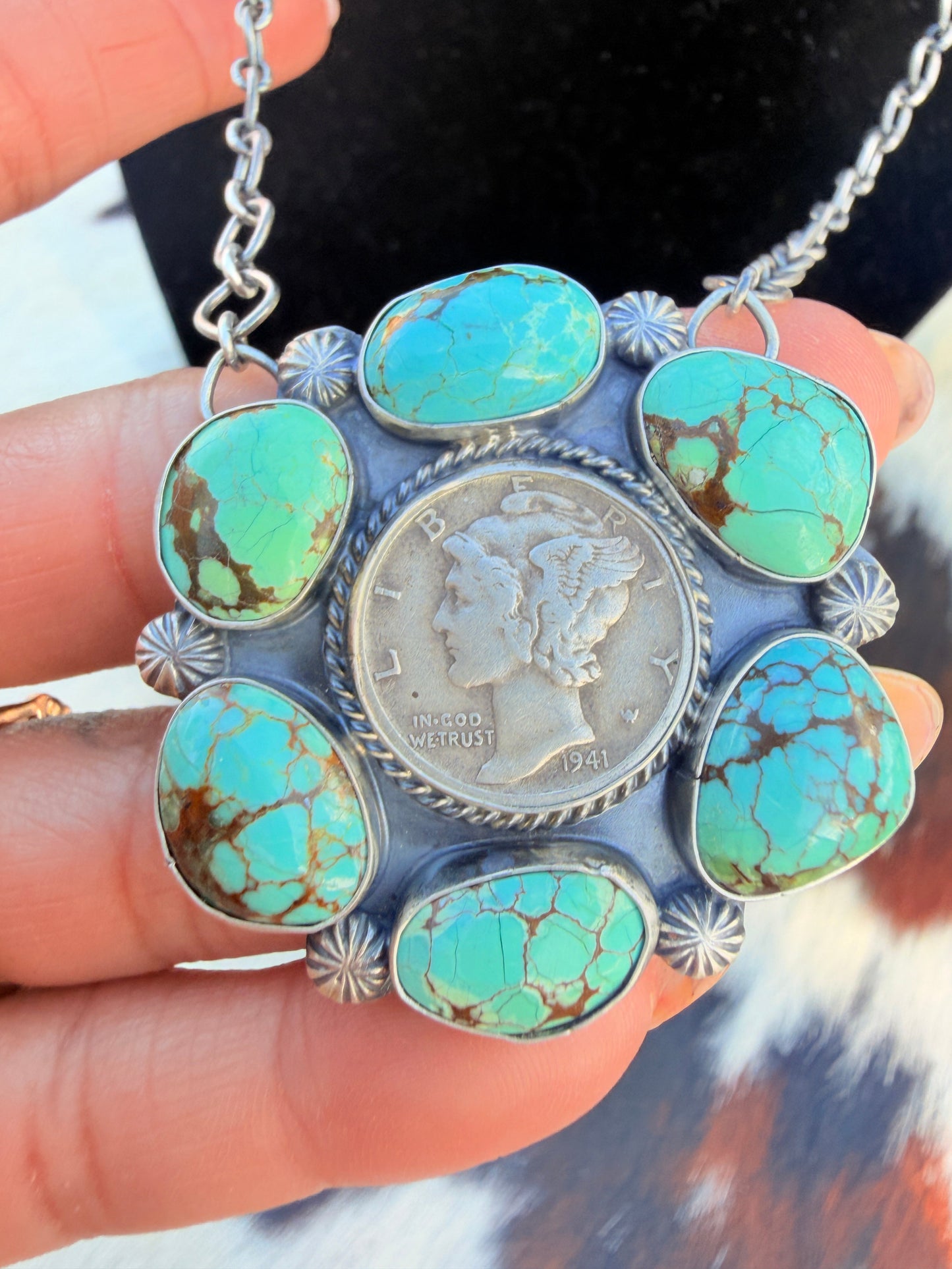 Handcrafted Number 8 Turquoise & Sterling Silver Liberty Dime Necklace by Sheila Tso