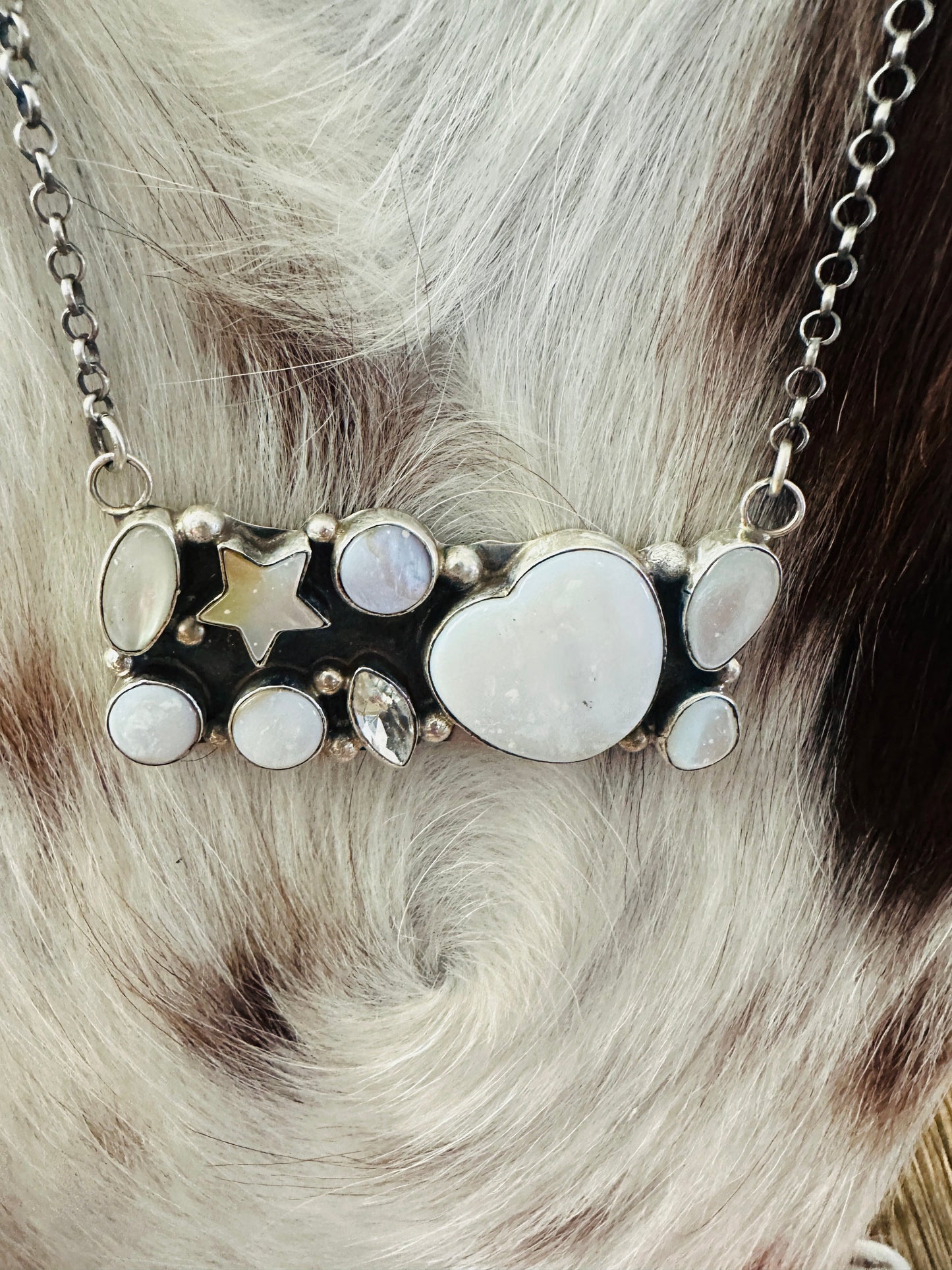 Handcrafted Mother of Pearl, CZ & Sterling Silver Bar Necklace by Jacqueline Silver