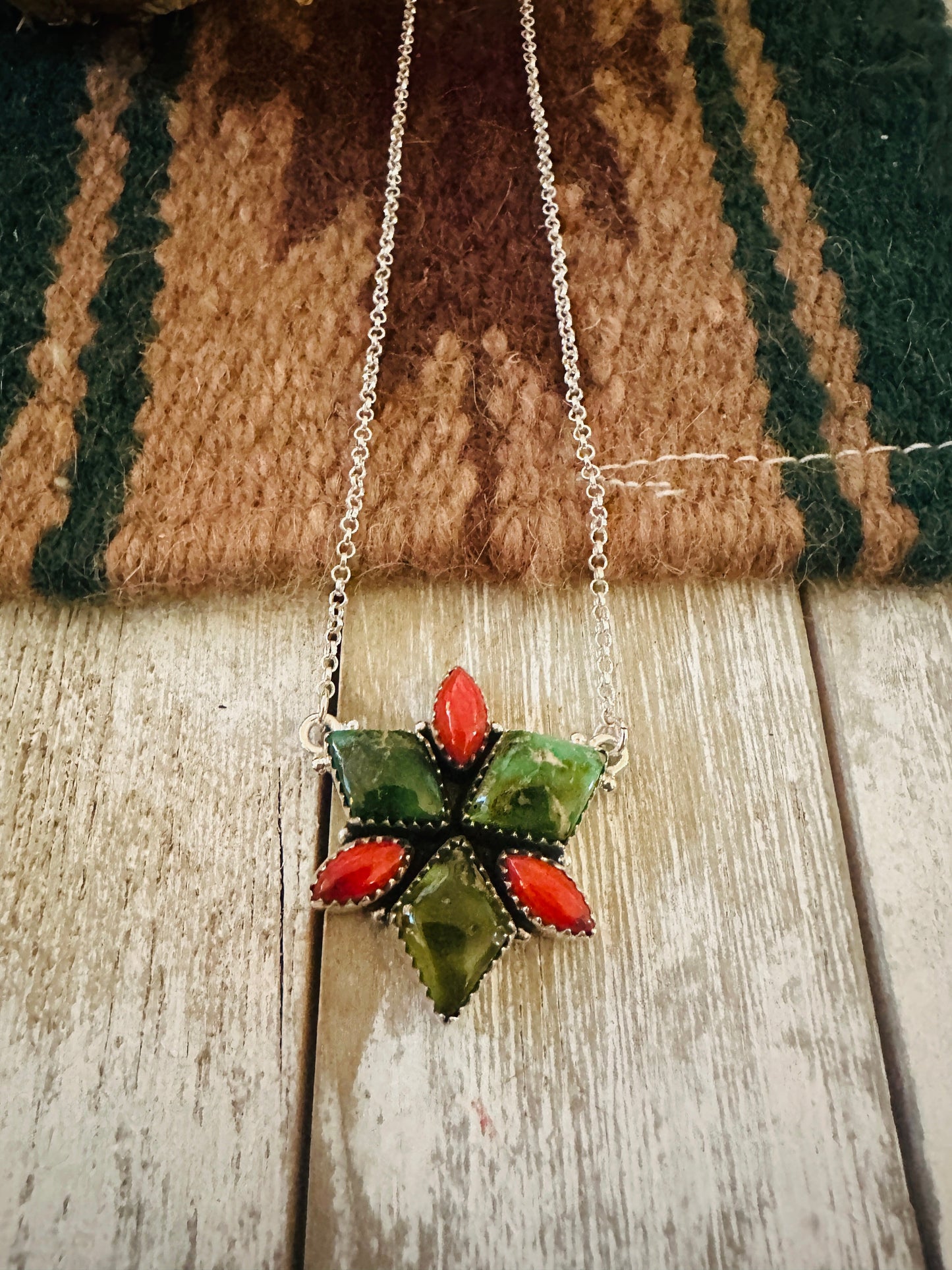 ** Christmas Collection ** Handmade Sterling Silver, Turquoise & Coral Necklace Signed Nizhoni