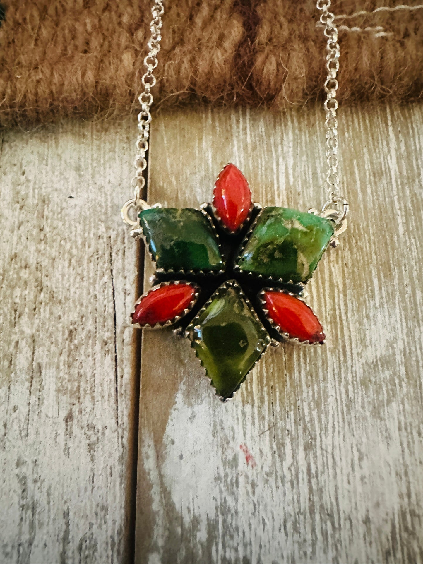** Christmas Collection ** Handmade Sterling Silver, Turquoise & Coral Necklace Signed Nizhoni