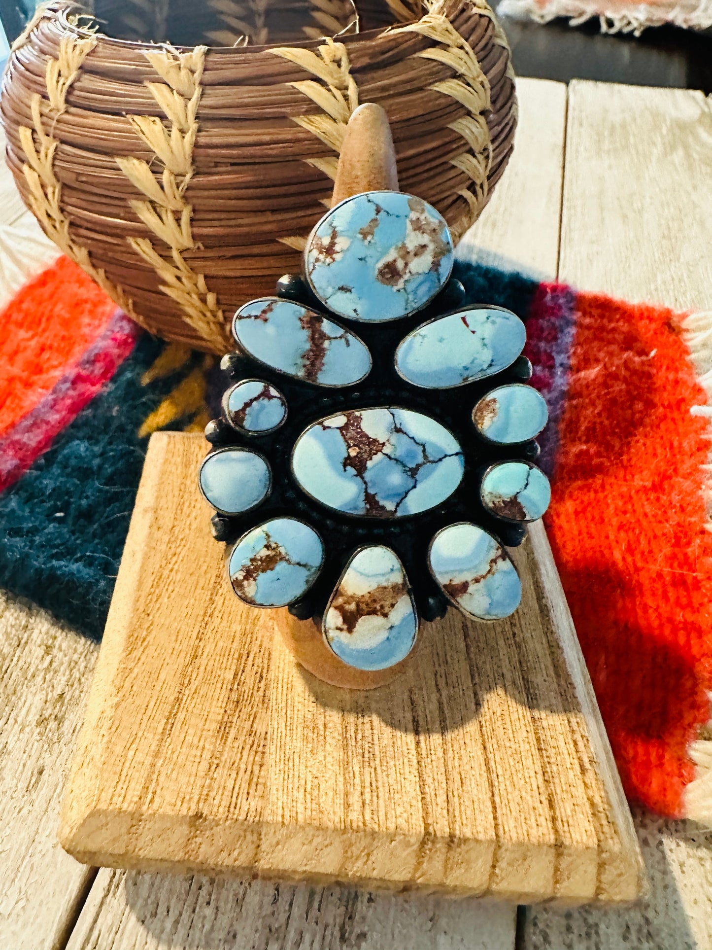 Handcrafted Golden Hills Turquoise & Sterling Silver Cluster Ring Size 7 by B. Yellowhorse