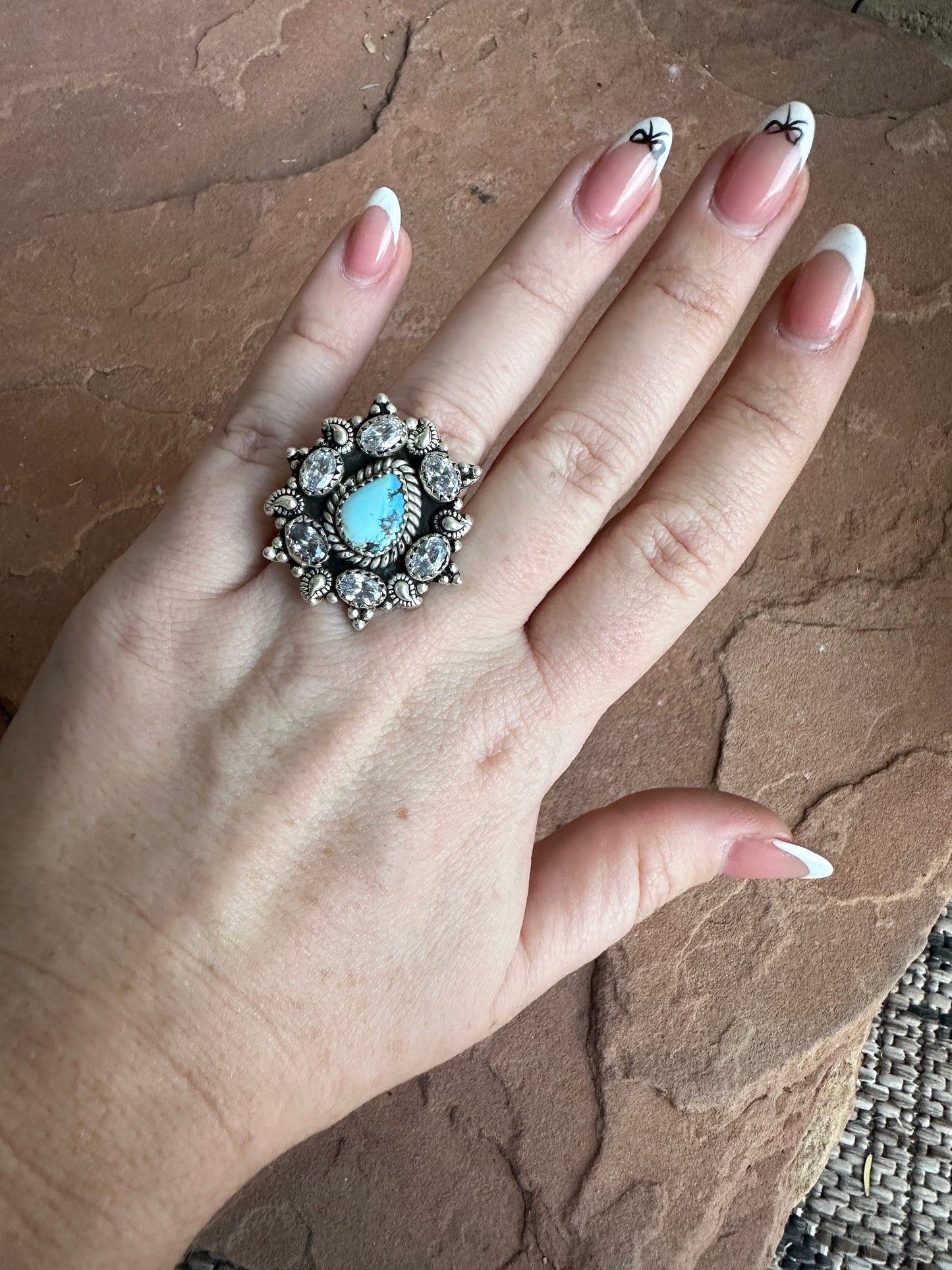 Beautiful Handmade Golden Hills Turquoise , CZ And Sterling Silver Adjustable Ring