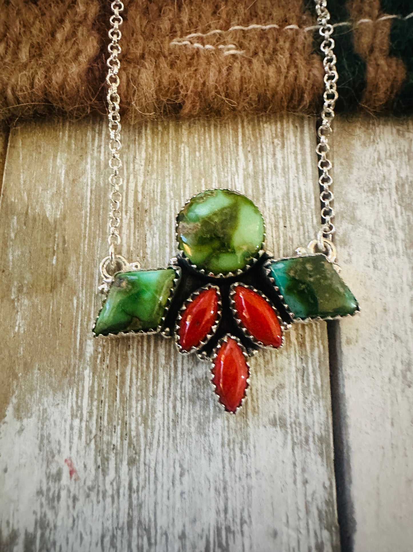 ** Christmas Collection ** Handmade Sterling Silver, Turquoise & Coral Necklace Signed Nizhoni