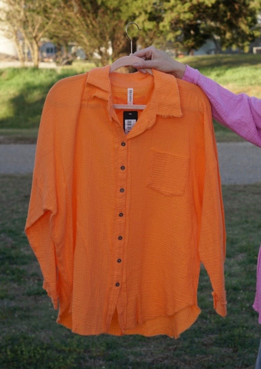 Light Orange - Button Down Linen Top