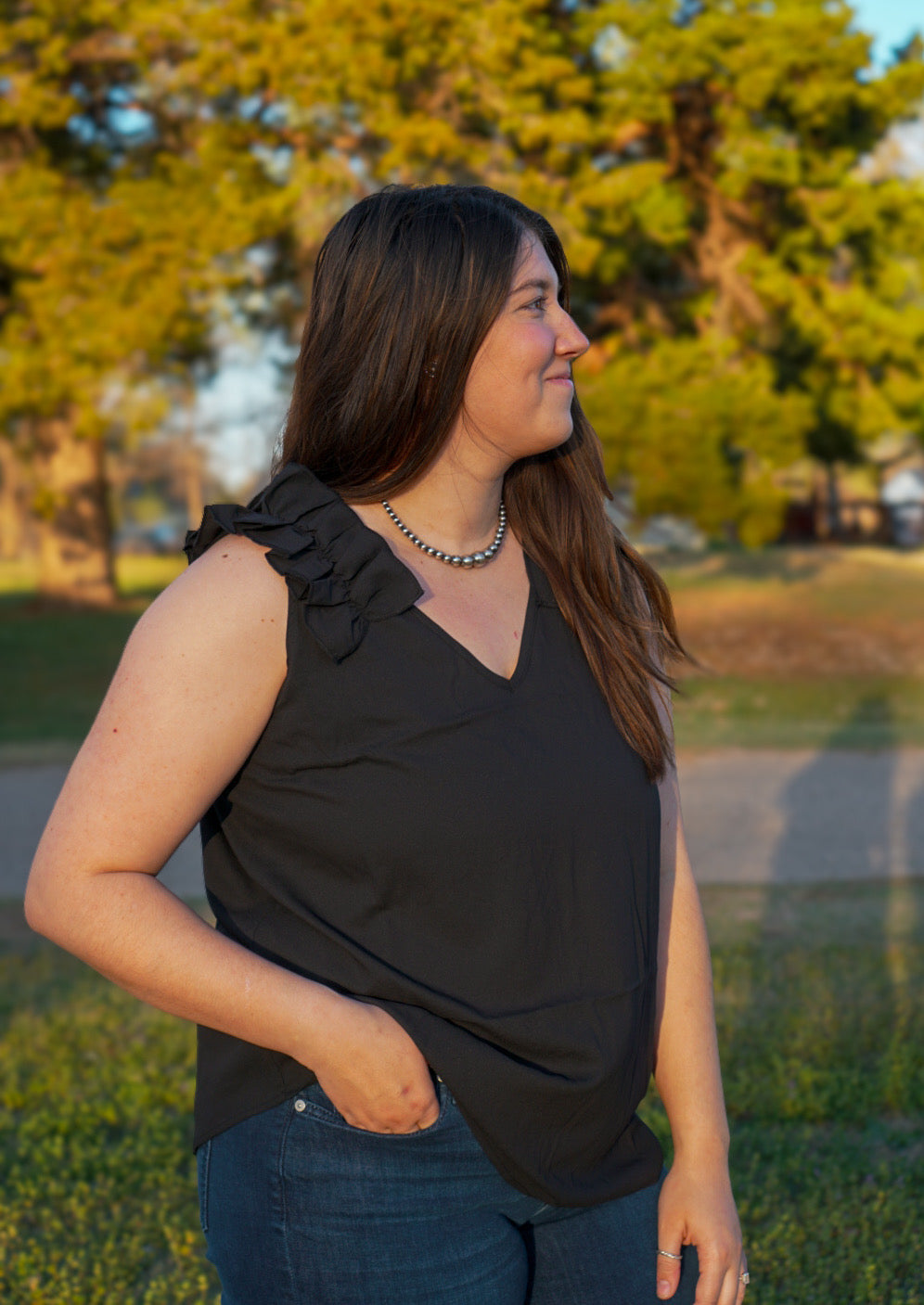 Black - Plus Size - Ruffle Trim Sleeveless Top