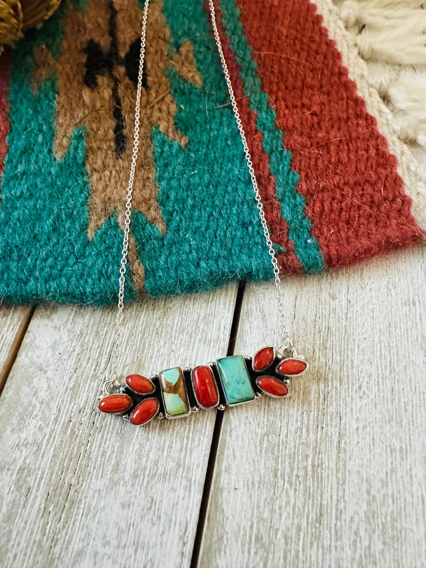 ** Christmas Collection ** Handmade Sterling Silver, Turquoise & Coral Necklace Signed Nizhoni