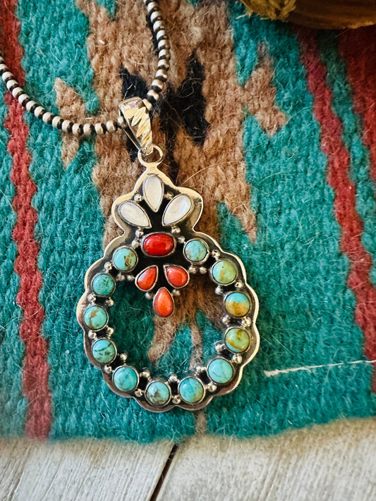** Christmas Collection ** Handmade Sterling Silver, Turquoise & Coral Wreath Pendant Signed Nizhoni