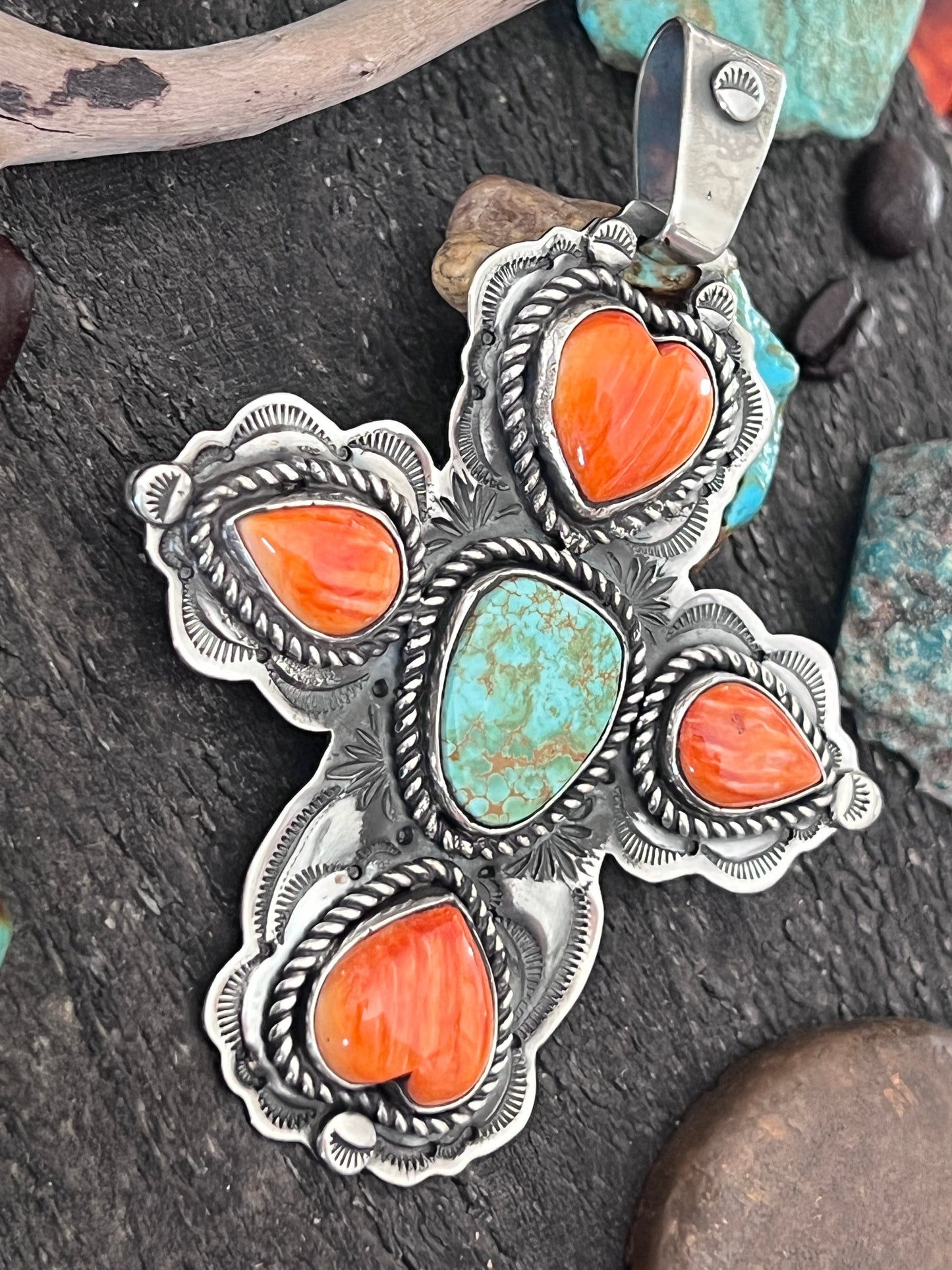 Hand Stamped Sterling Silver, Pilot Mountain Turquoise & Spiny Oyster Cross Pendant by Kimari Somers