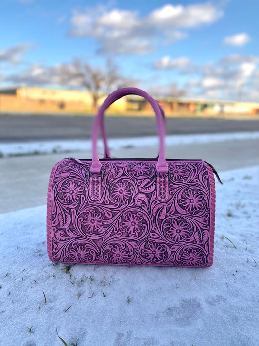 Large Pink Floral Tooled Leather Speedy Duffle Bag