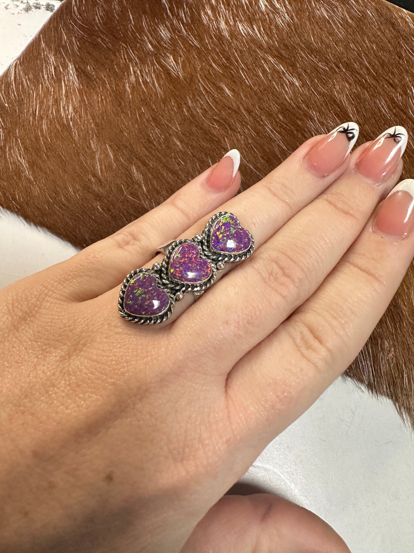 Beautiful Handmade Fire Opal And Sterling Silver Adjustable 3 Stone HEART Ring