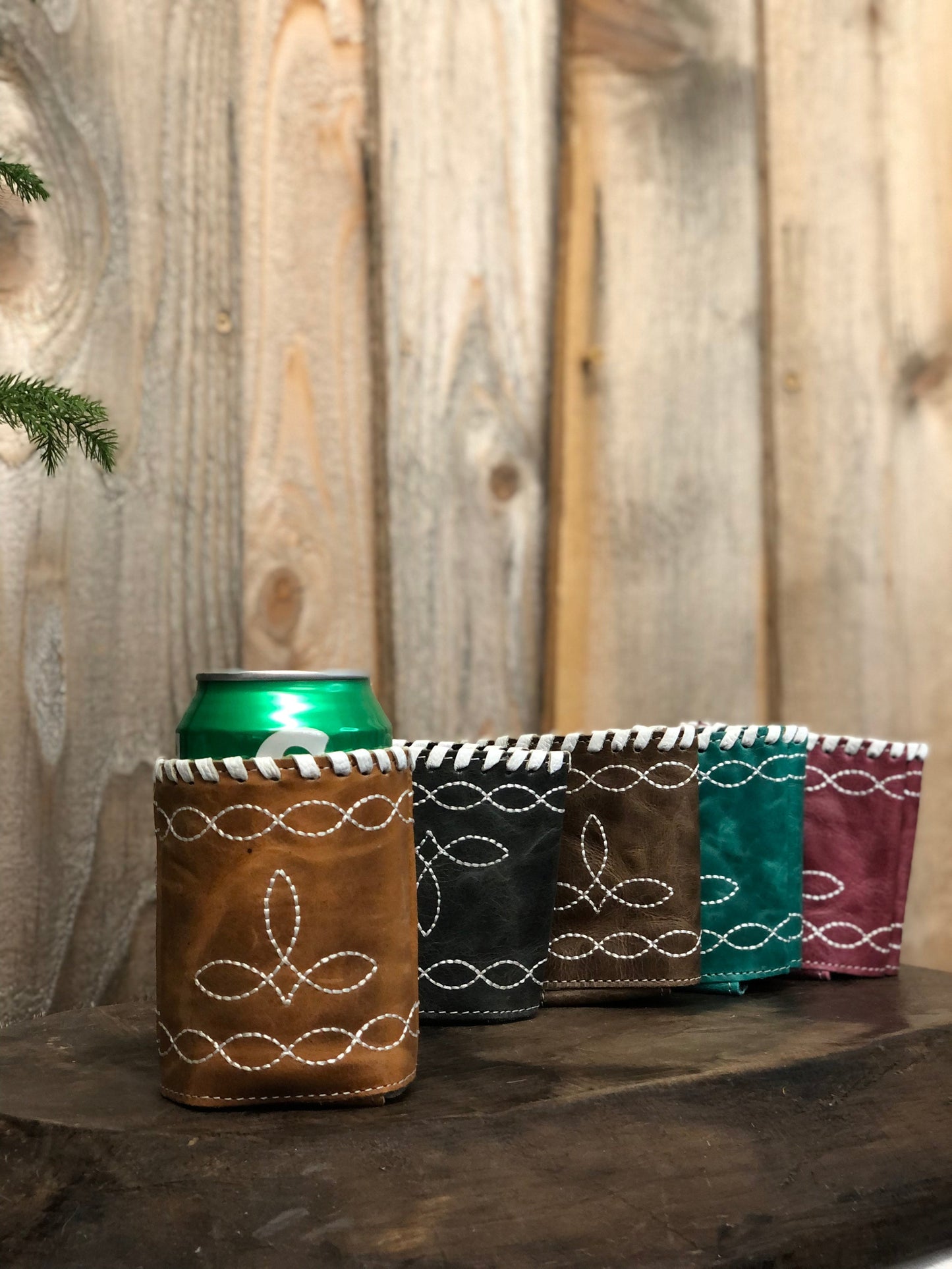 Tan BootStitch Leather Koozie